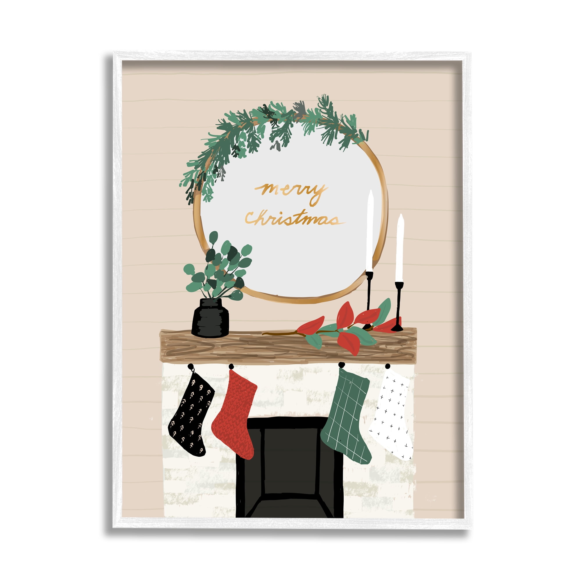 Stupell Industries Merry Christmas Festive Holiday Fireplace Mantle Holiday Painting White Framed Art Print Wall Art, 16 x 20