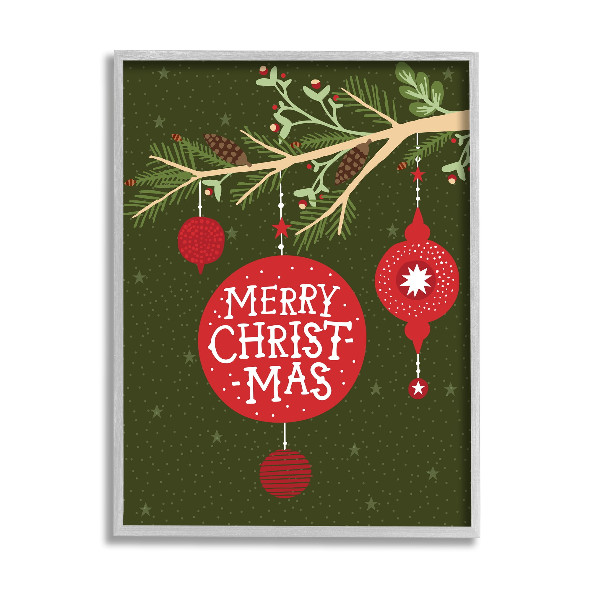 Stupell Industries Merry Christmas Festive Pine Tree Ornament Holiday Painting Gray Framed Art Print Wall Art, 11 x 14