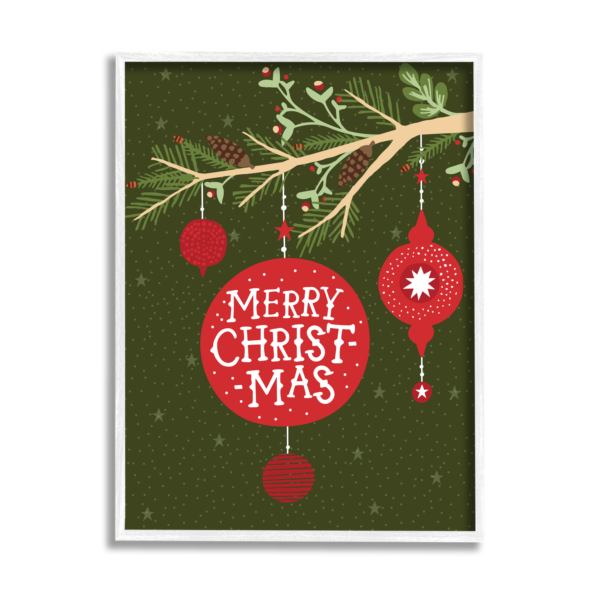 Stupell Industries Merry Christmas Festive Pine Tree Ornament Holiday Painting White Framed Art Print Wall Art, 16 x 20