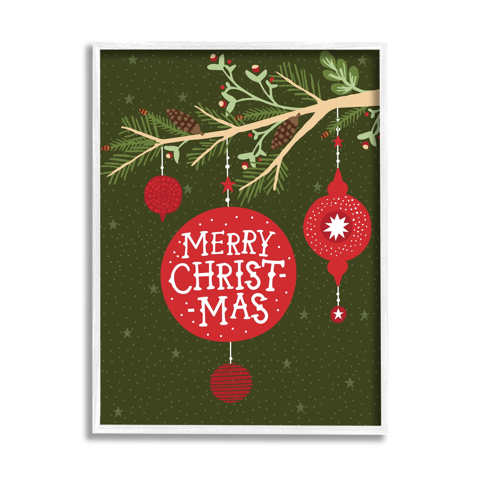 Stupell Industries Merry Christmas Festive Pine Tree Ornament Holiday Painting White Framed Art Print Wall Art, 24 x 30