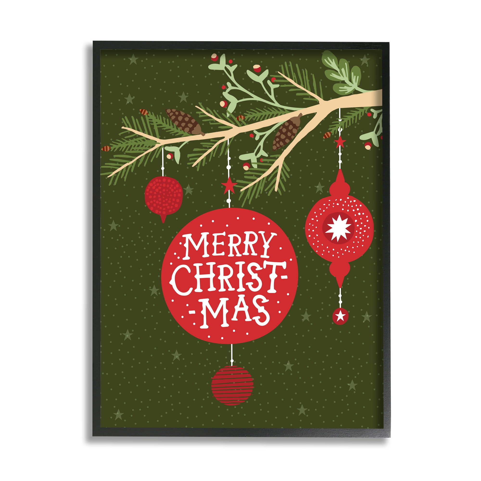 Stupell Industries Merry Christmas Festive Pine Tree Ornament Rustic Painting Black Framed Art Print Wall Art, 24 x 30, Design by Jean Kelly