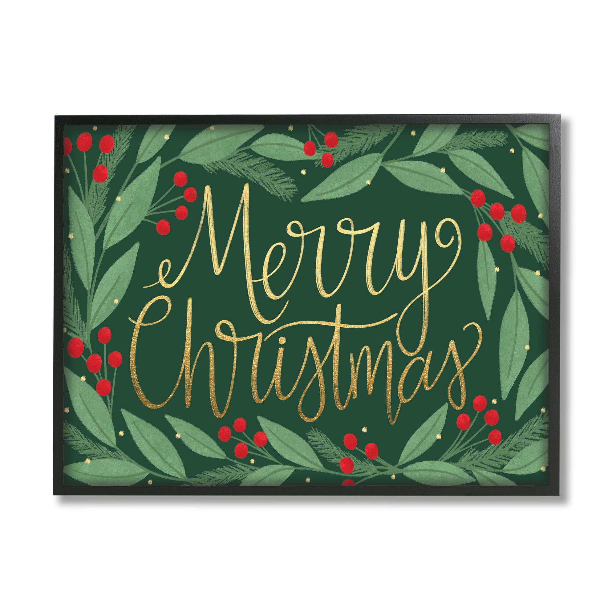 Stupell Industries Merry Christmas Festive Sentiment Chic Holiday Holly Botanical & Floral Painting Black Framed Art Print Wall Art, 16 x 20