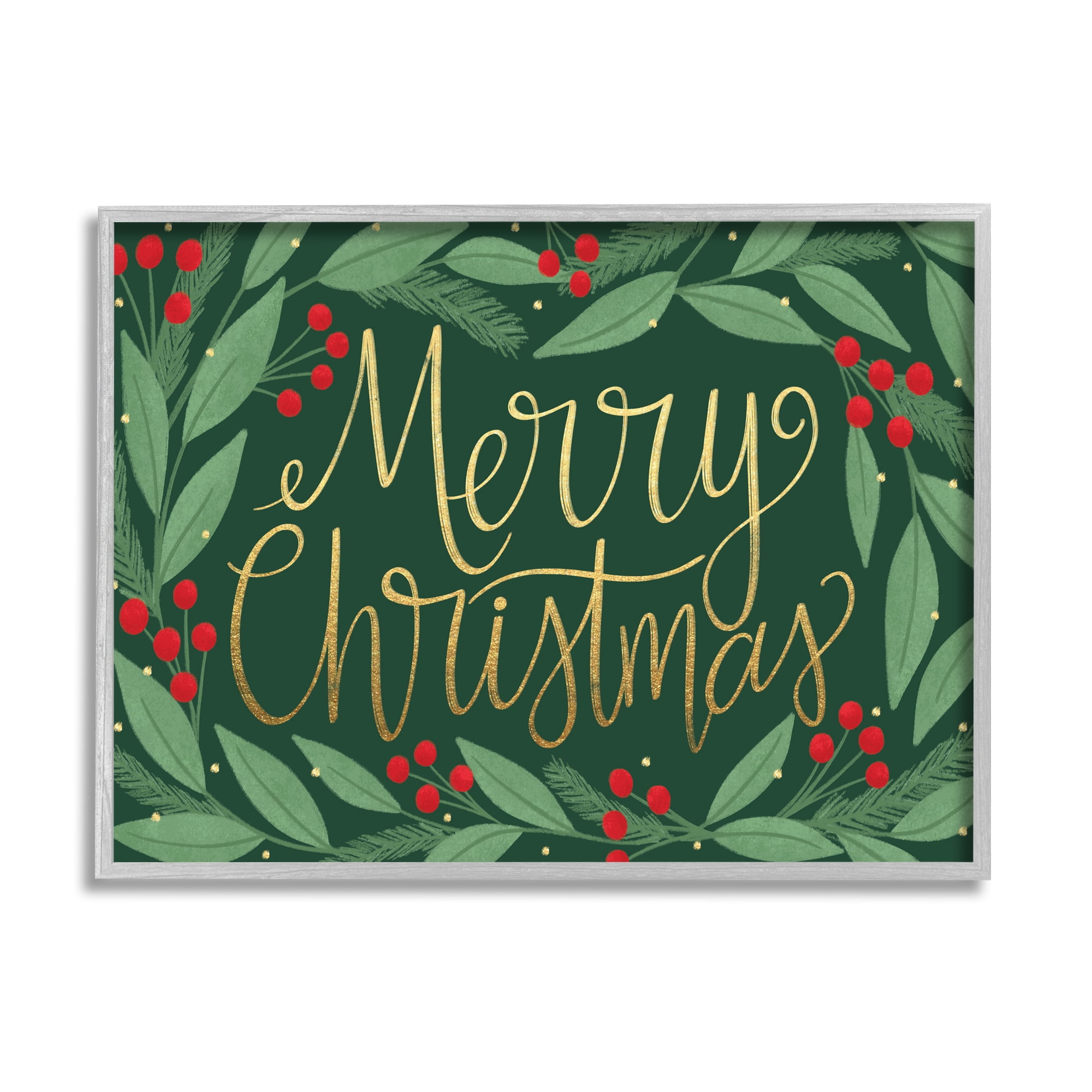 Stupell Industries Merry Christmas Festive Sentiment Chic Holiday Holly Botanical & Floral Painting Gray Framed Art Print Wall Art, 16 x 20