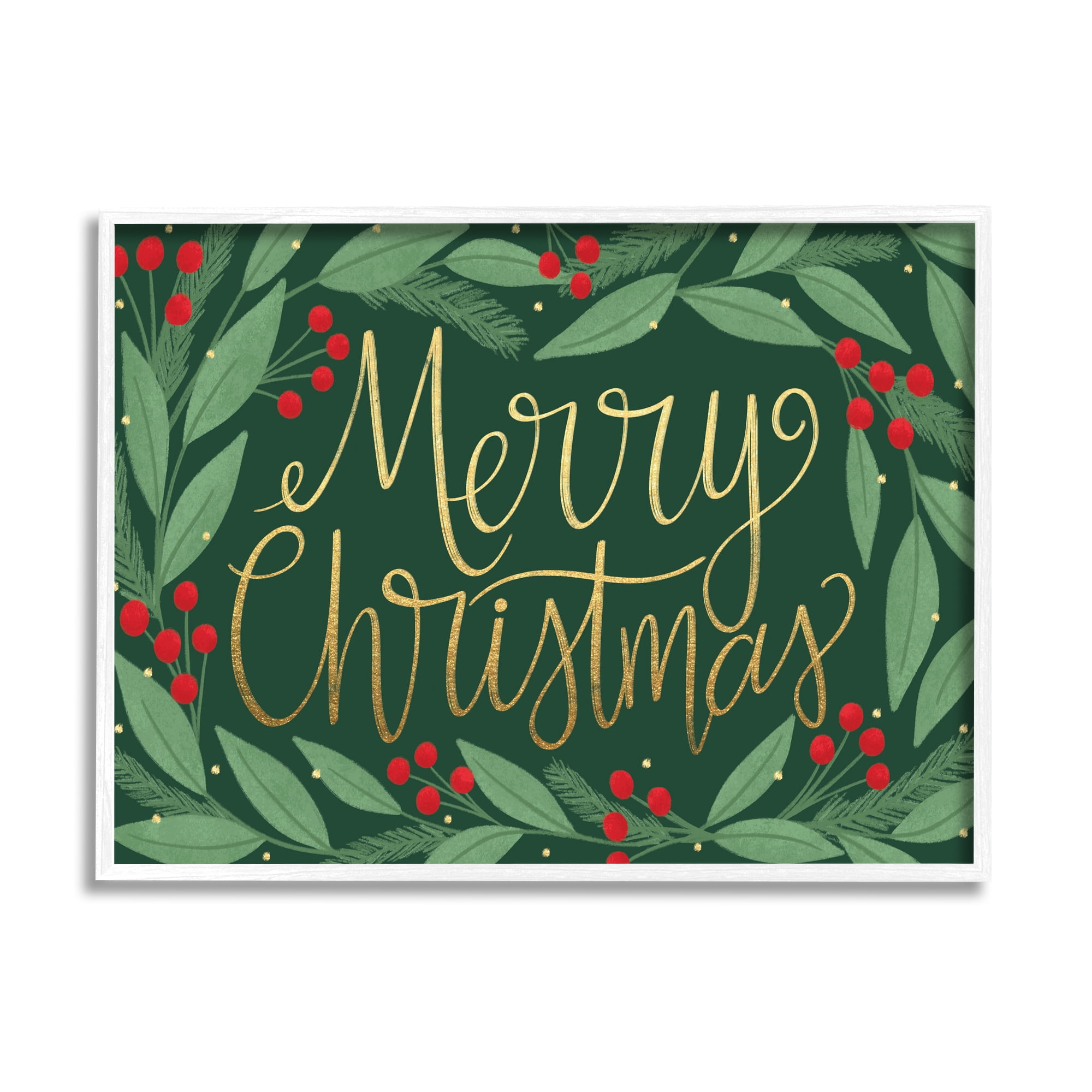 Stupell Industries Merry Christmas Festive Sentiment Chic Holiday Holly Botanical & Floral Painting White Framed Art Print Wall Art, 24 x 30