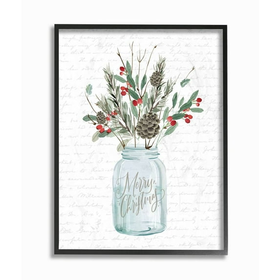 Stupell Industries Merry Christmas Foliage Jar Holiday Word DesignFramed Wall Art By Artist Lettered and Lined