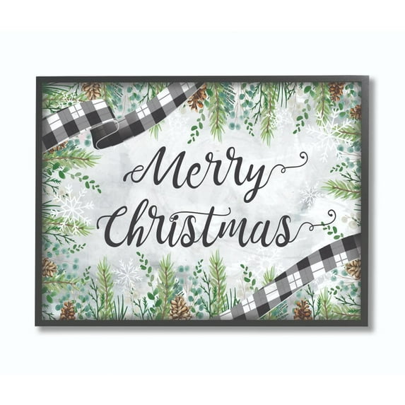 Stupell Industries Merry Christmas Foliage Plaid Ribbon Holiday Word DesignFramed Wall Art By Artist ND Art