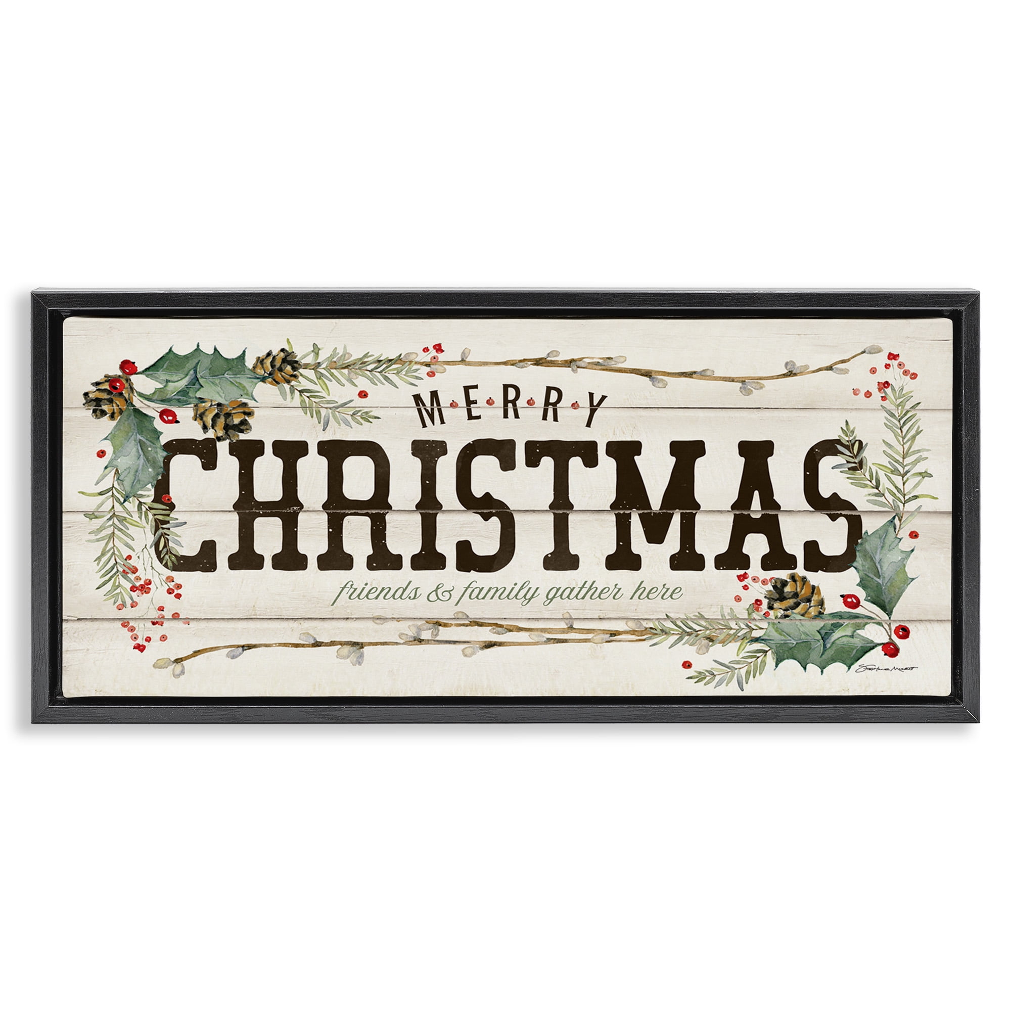 Stupell Industries Merry Christmas Friends & Family Holiday Painting Black Floater Framed Canvas Art Print Wall Art, 25 x 11