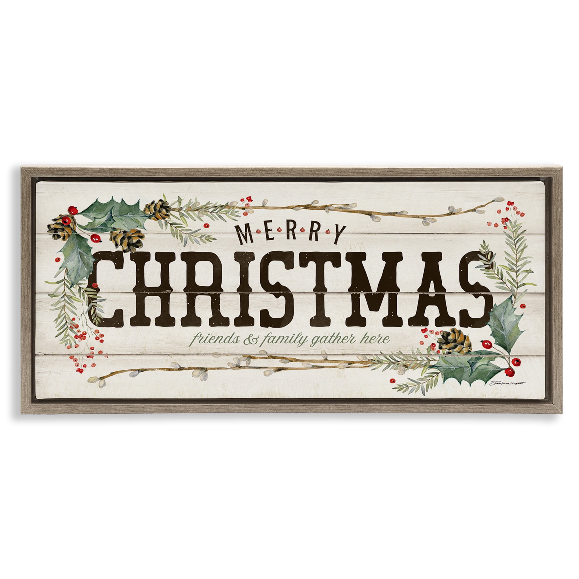 Stupell Industries Merry Christmas Friends & Family Holiday Painting Brown Floater Framed Canvas Art Print Wall Art, 25 x 11