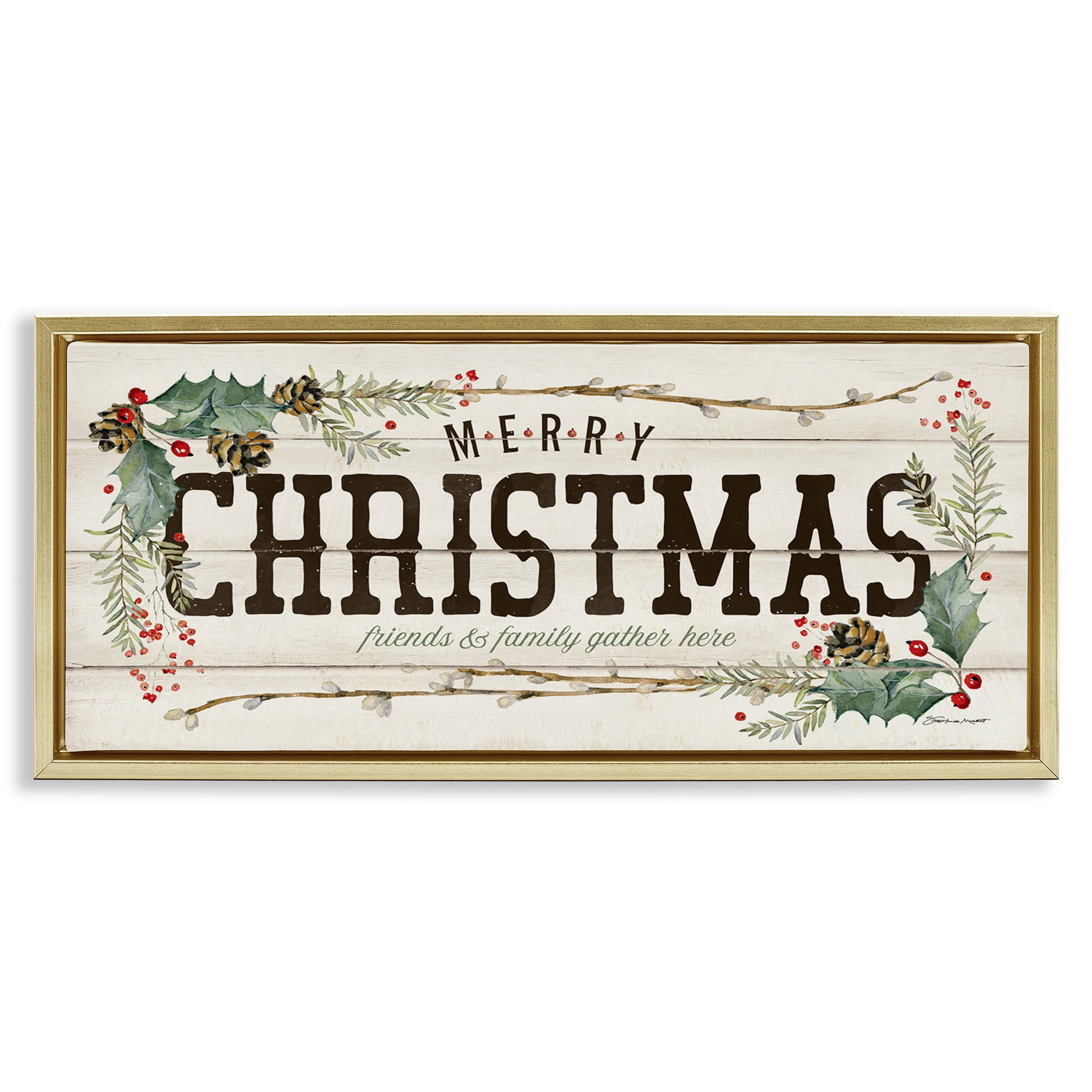 Stupell Industries Merry Christmas Friends & Family Holiday Painting Gold Floater Framed Canvas Art Print Wall Art, 31 x 14