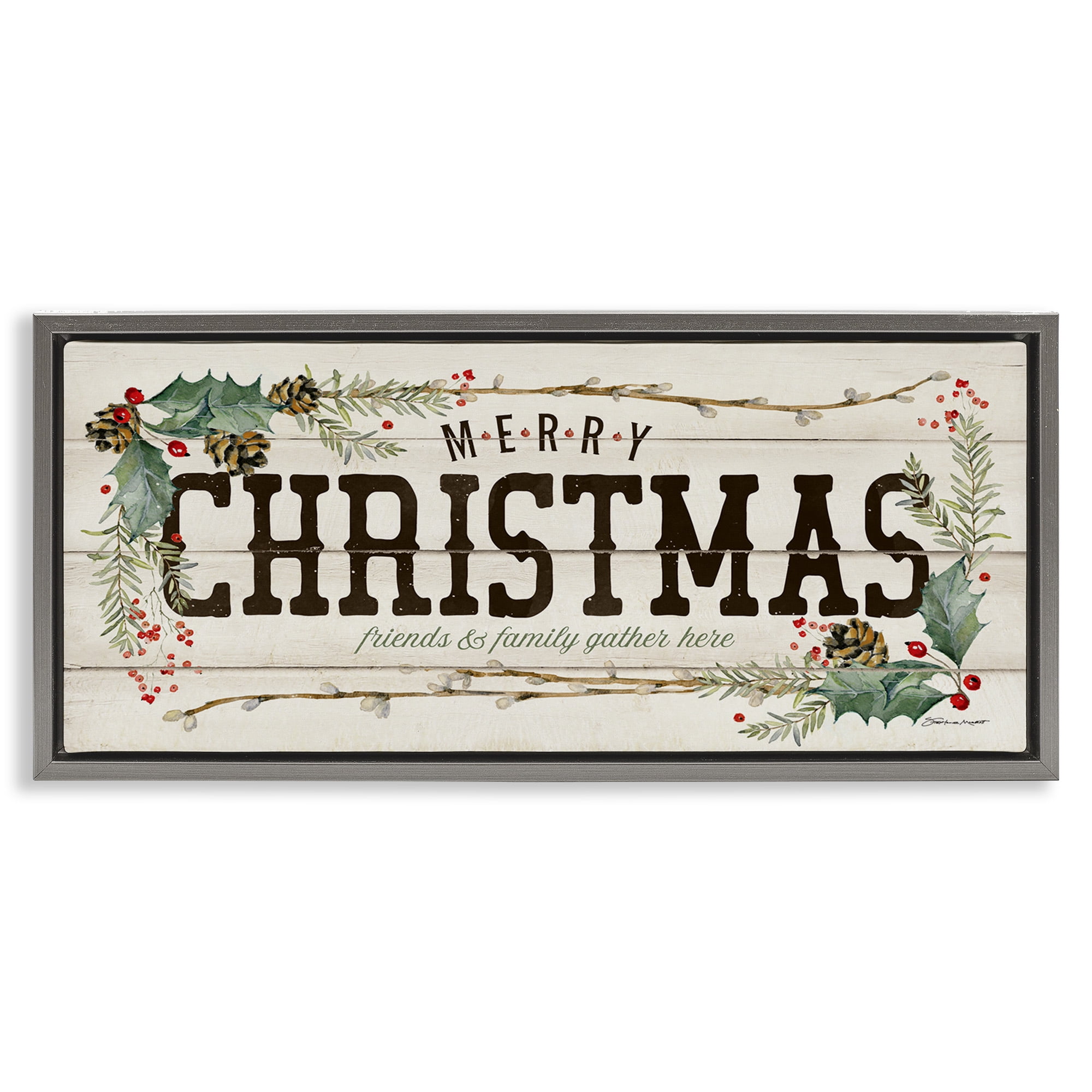 Stupell Industries Merry Christmas Friends & Family Holiday Painting Gray Floater Framed Canvas Art Print Wall Art, 25 x 11