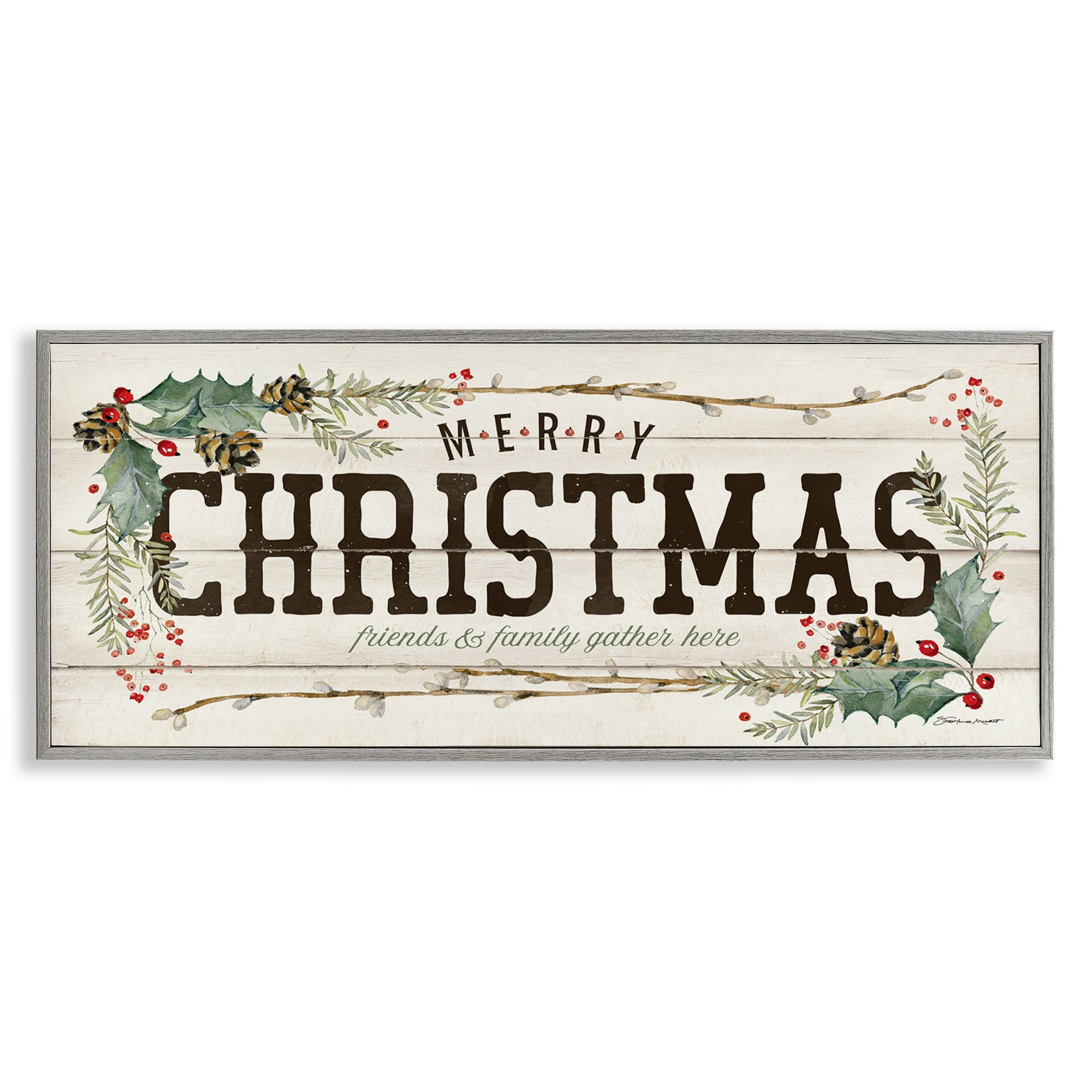 Stupell Industries Merry Christmas Friends & Family Holiday Painting Gray Framed Art Print Wall Art, 24 x 10