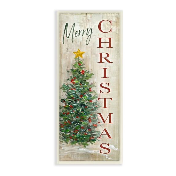 Stupell Industries Merry Christmas Greeting Festive Rustic Holiday Tree, 7 x 17, Design by Sally Swatland