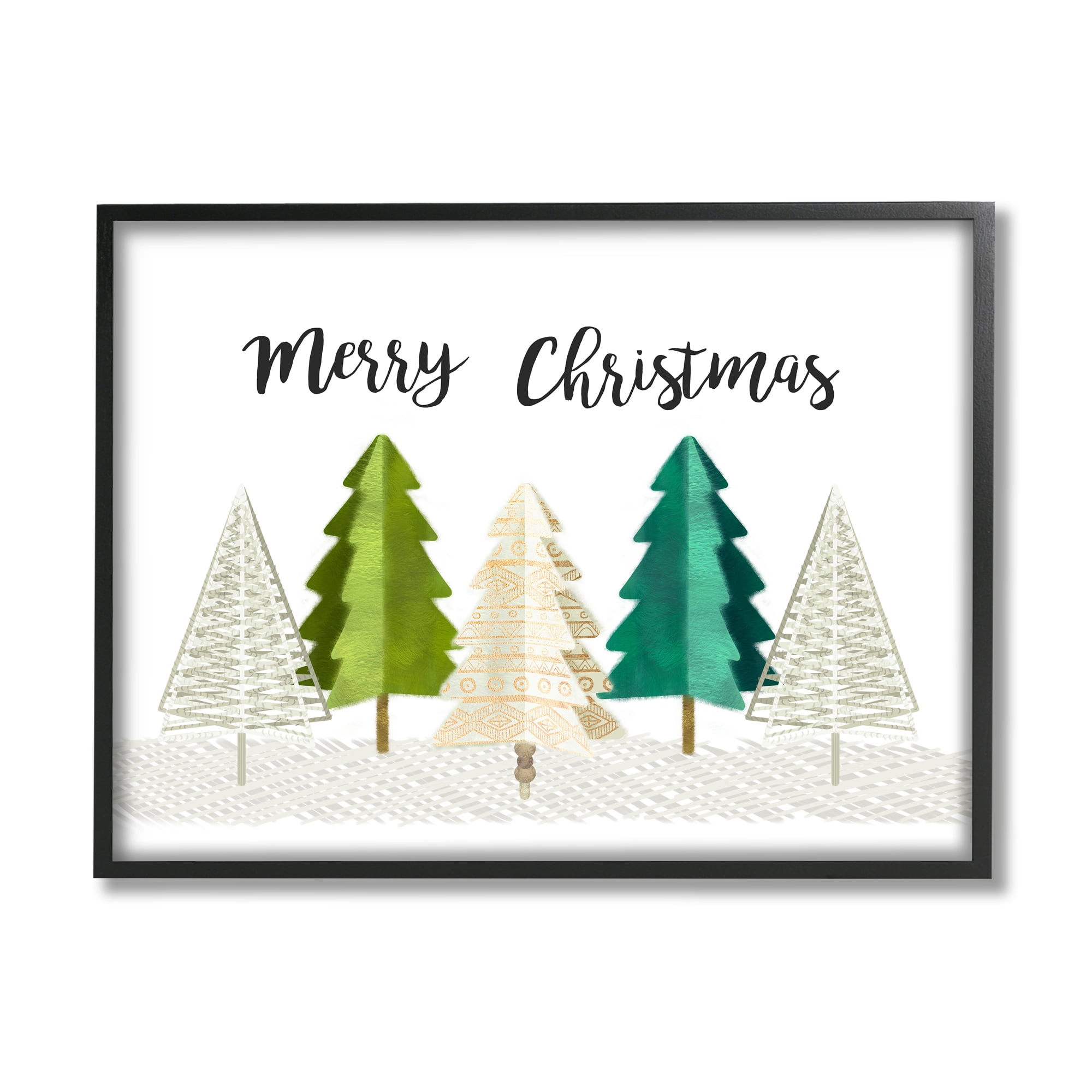 Stupell Industries Merry Christmas Greeting Modern Minimal Pine Trees Nature Painting Black Framed Art Print Wall Art, 16 x 20