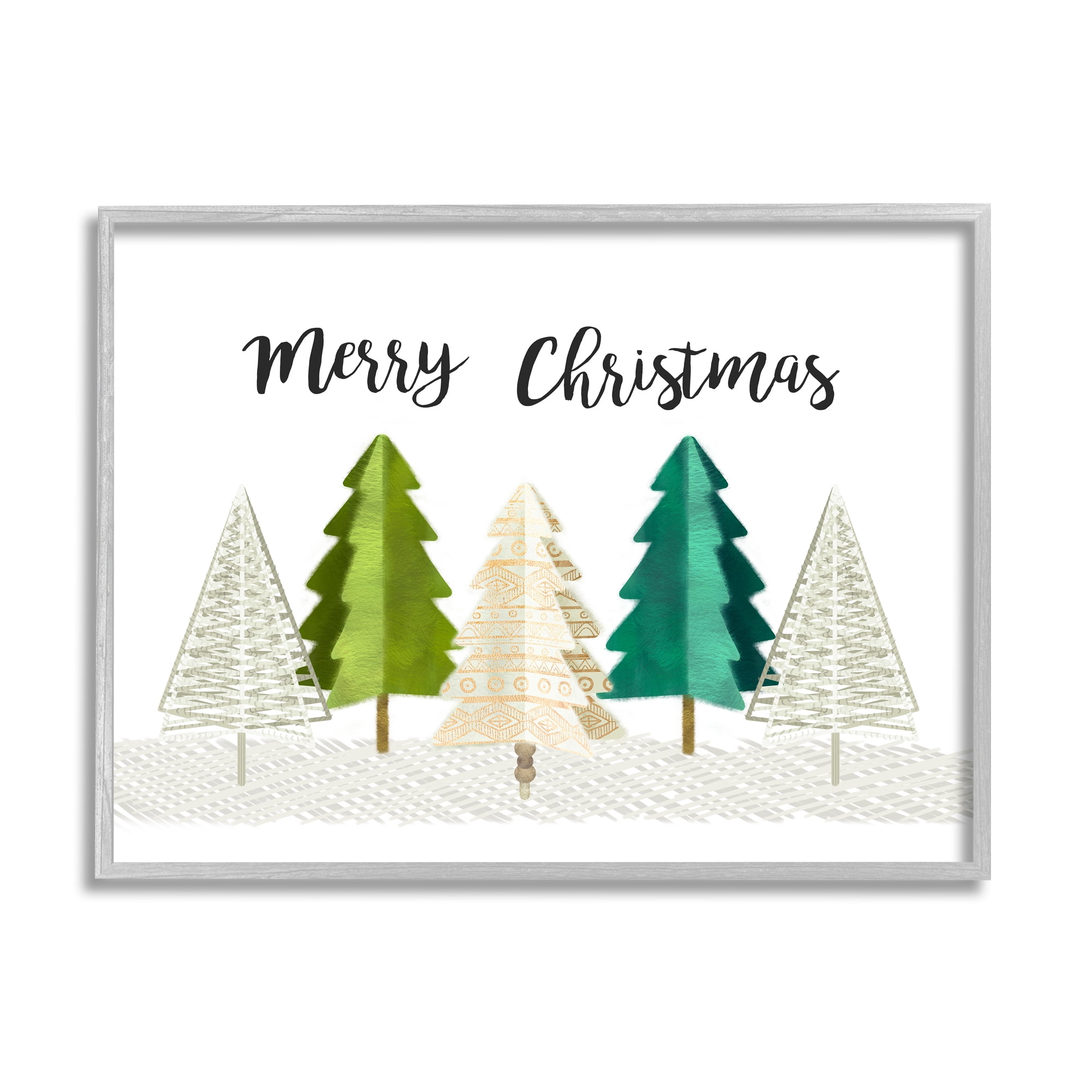 Stupell Industries Merry Christmas Greeting Modern Minimal Pine Trees Nature Painting Gray Framed Art Print Wall Art, 16 x 20