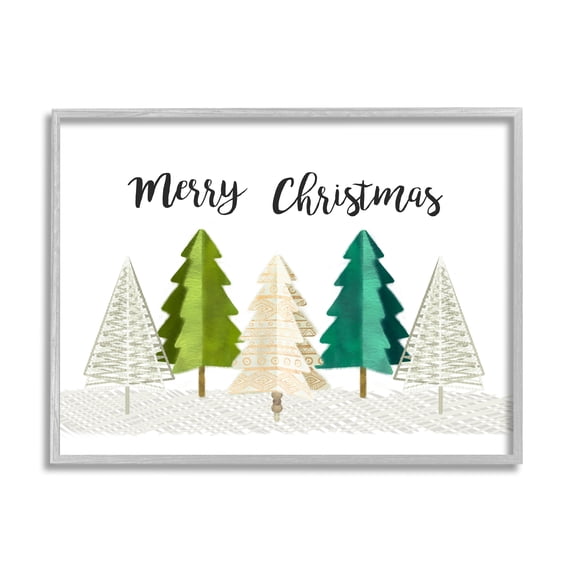 Stupell Industries Merry Christmas Greeting Modern Minimal Pine Trees Nature Painting Gray Framed Art Print Wall Art, 16 x 20