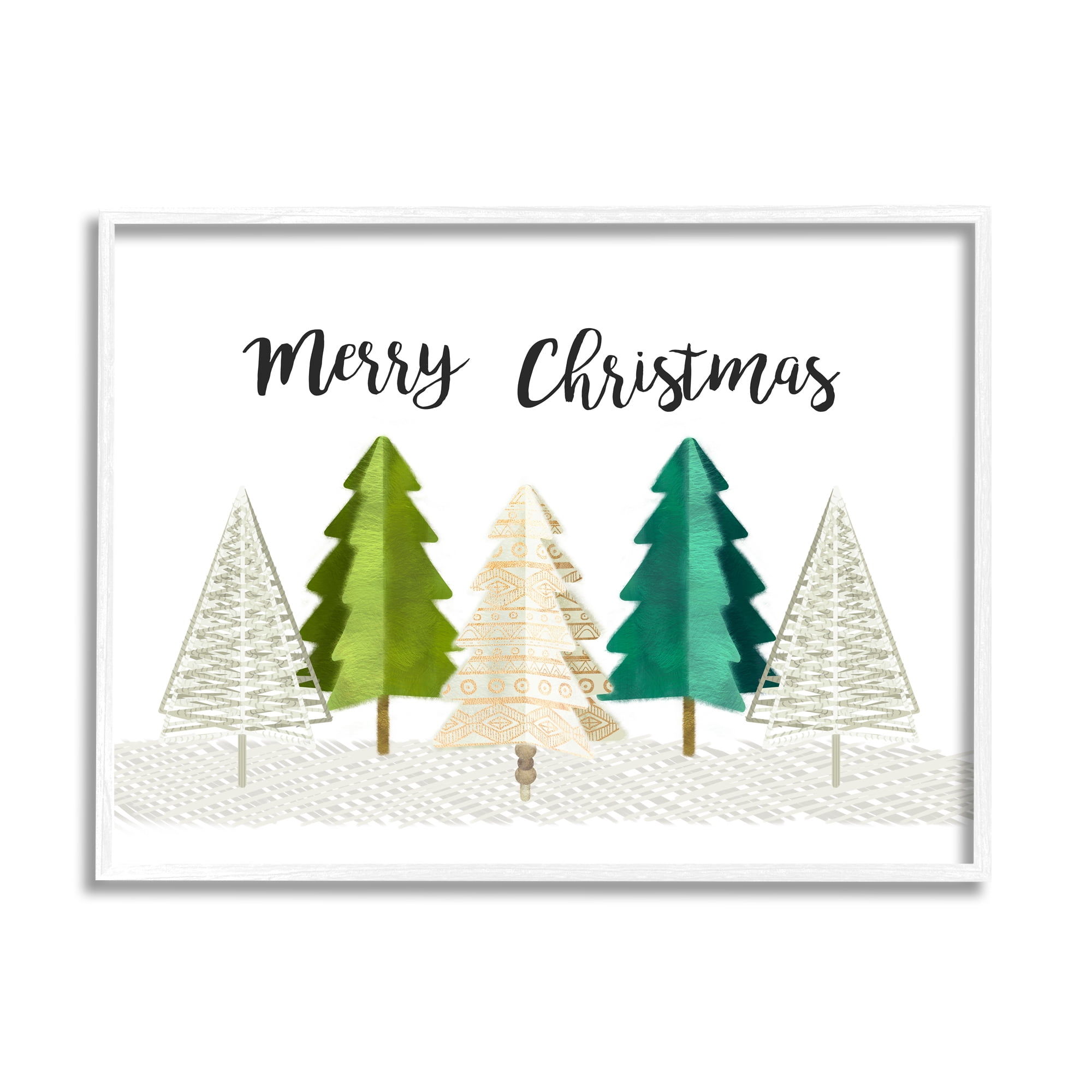Stupell Industries Merry Christmas Greeting Modern Minimal Pine Trees Nature Painting White Framed Art Print Wall Art, 24 x 30
