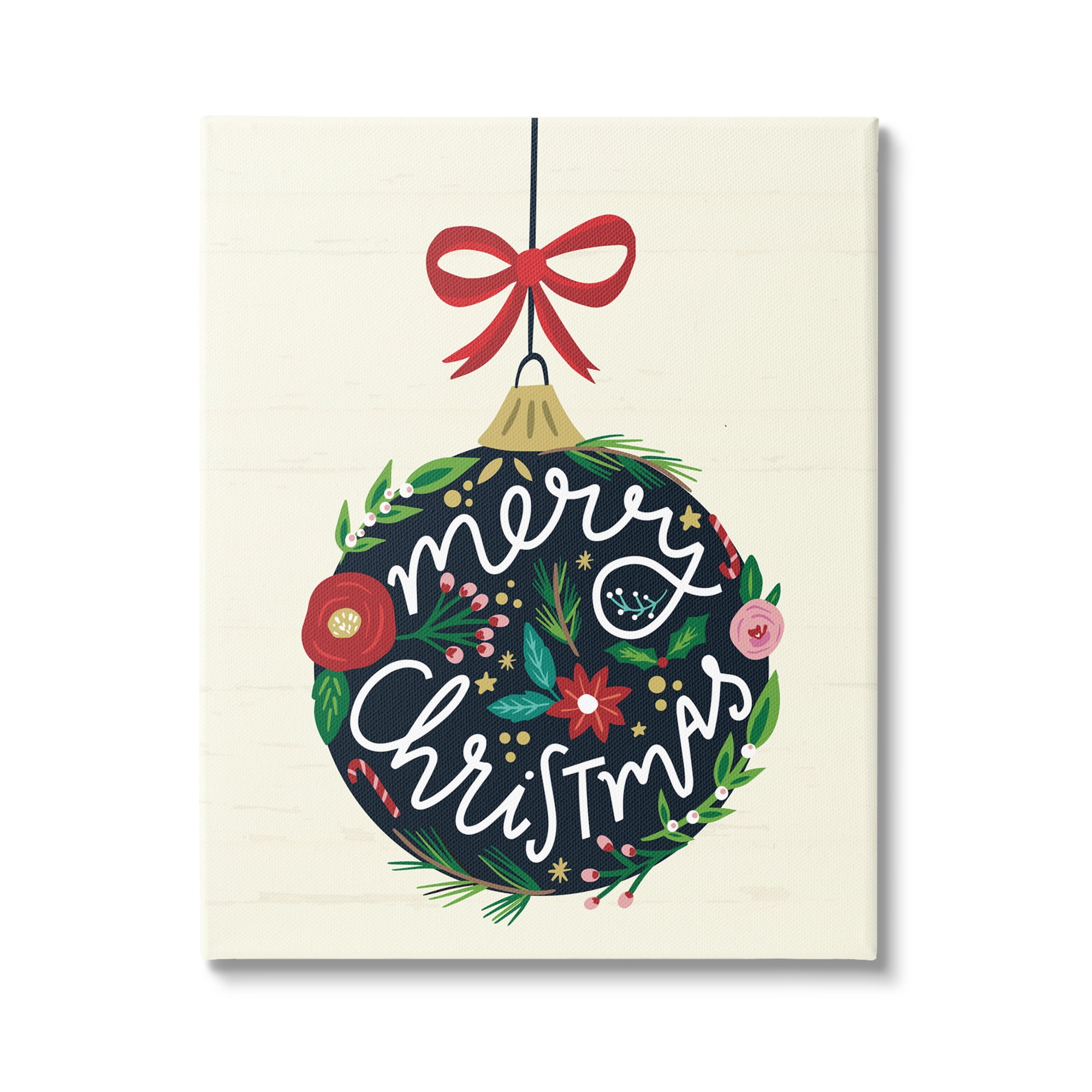 Stupell Industries Merry Christmas Hanging Botanical Ornament Red Bow Graphic Art Gallery Wrapped Canvas Print Wall Art, Design by Louise Allen