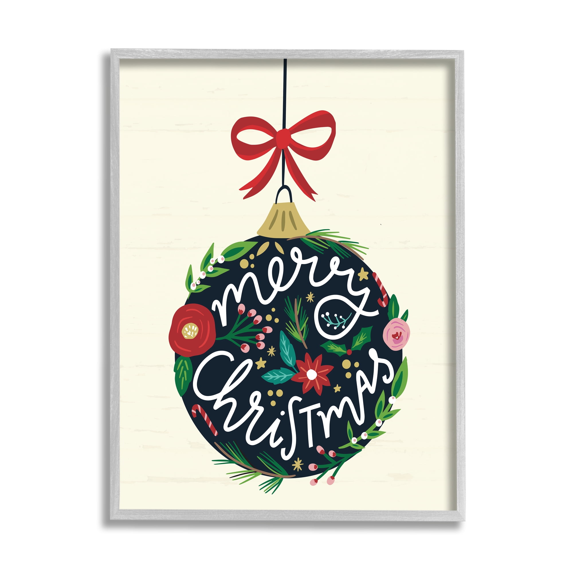 Stupell Industries Merry Christmas Hanging Botanical Ornament Red Bow Graphic Art Gray Framed Art Print Wall Art, Design by Louise Allen