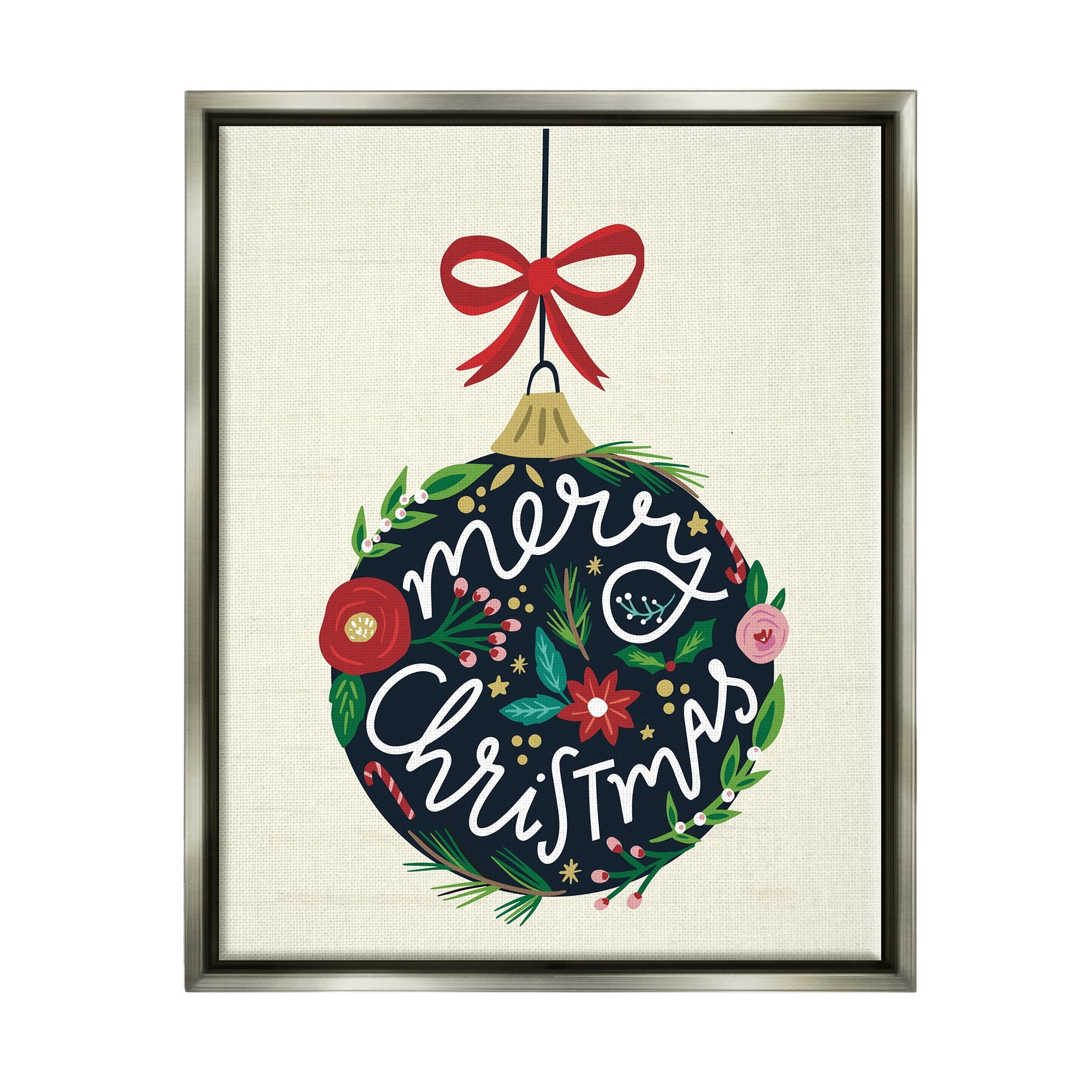 Stupell Industries Merry Christmas Hanging Botanical Ornament Red Bow Graphic Art Luster Gray Floating Framed Canvas Print Wall Art, Design by Louise Allen