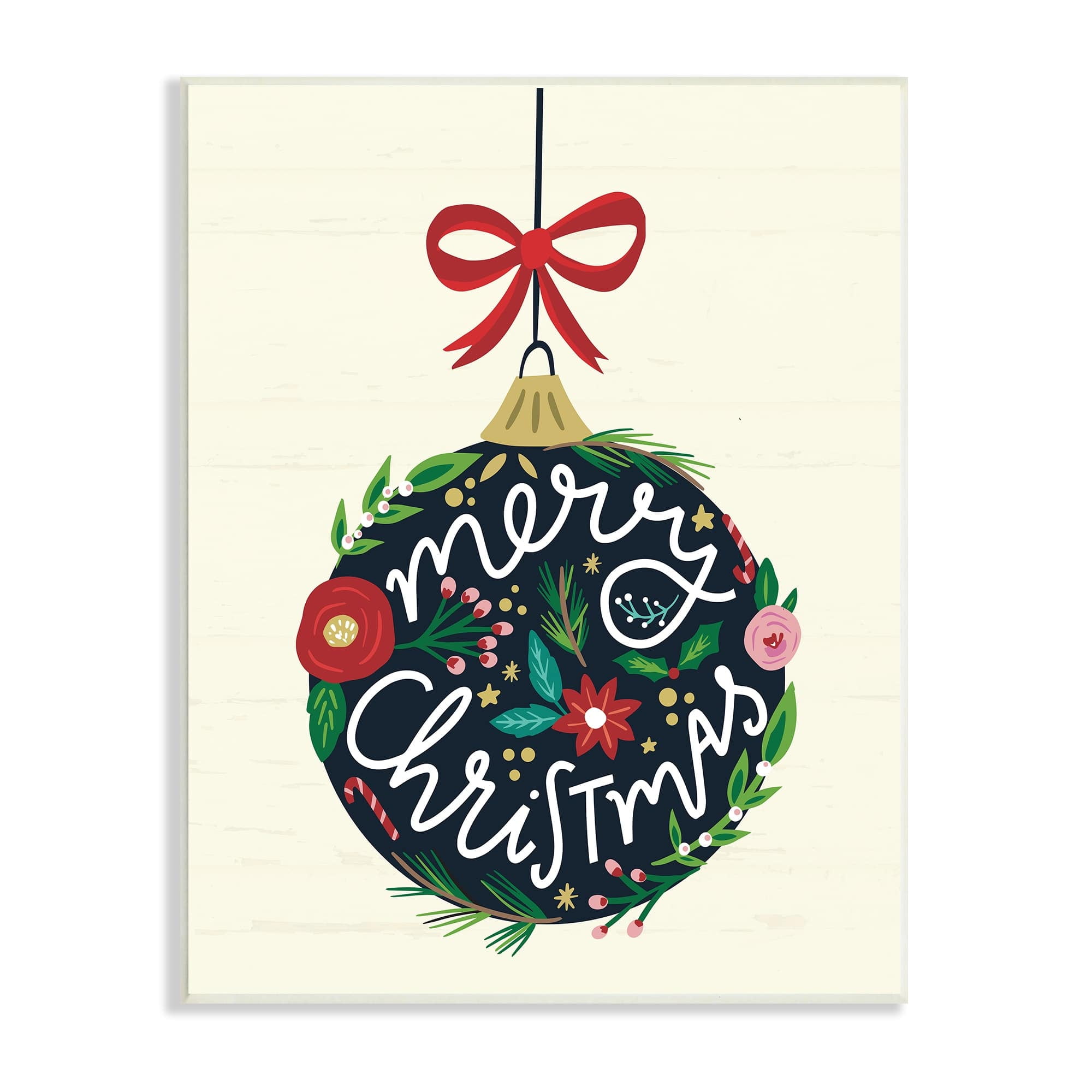 Stupell Industries Merry Christmas Hanging Botanical Ornament Red Bow Graphic Art Unframed Art Print Wall Art, Design by Louise Allen
