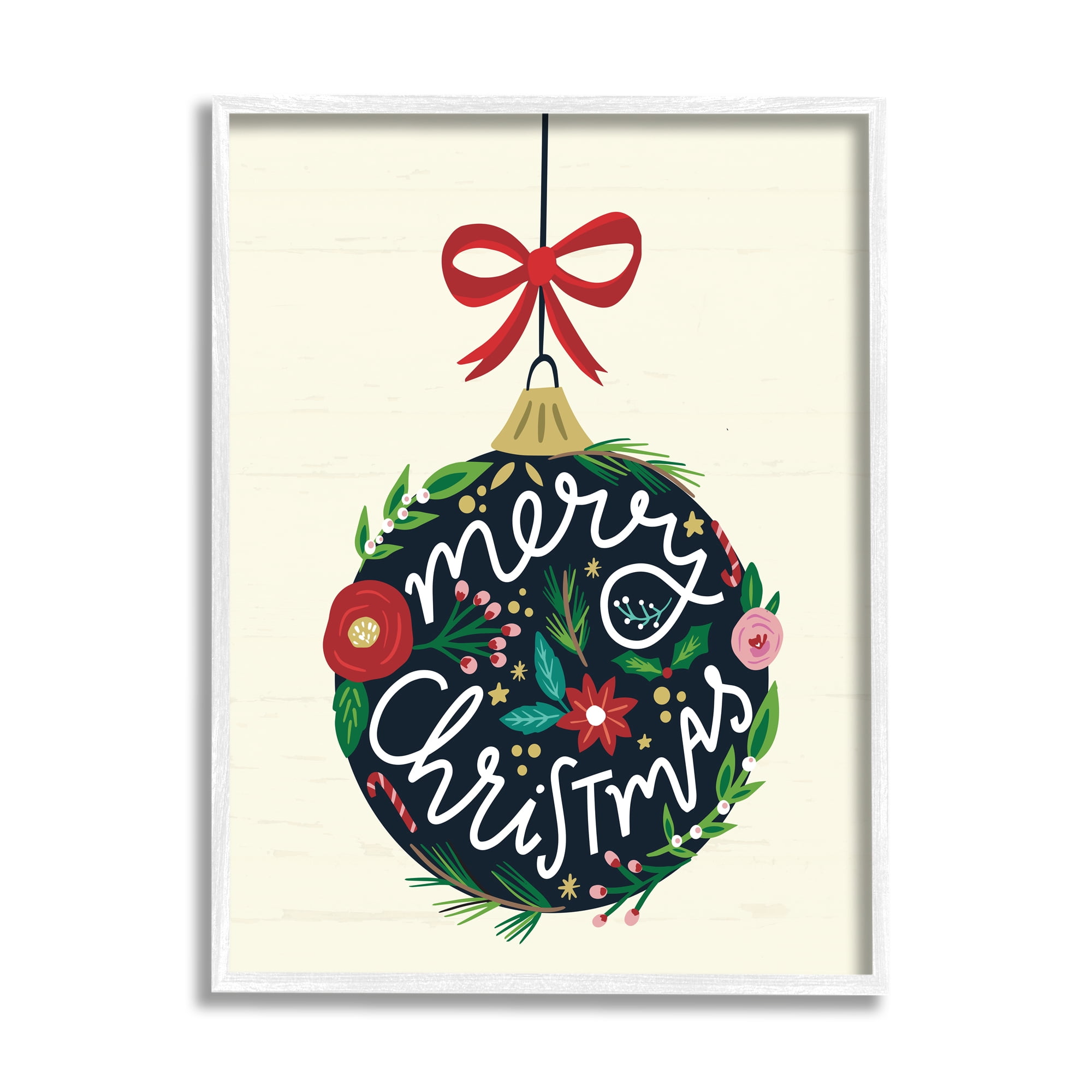 Stupell Industries Merry Christmas Hanging Botanical Ornament Red Bow Graphic Art White Framed Art Print Wall Art, Design by Louise Allen