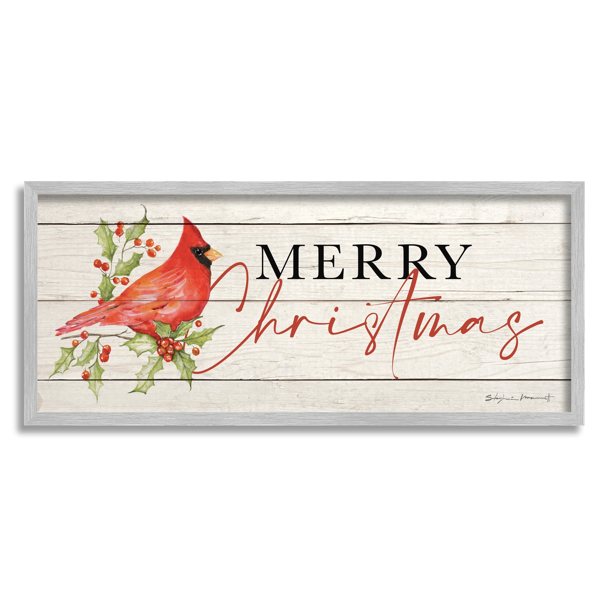 Stupell Industries Merry Christmas Holiday Cardinal Holiday Painting Gray Framed Art Print Wall Art