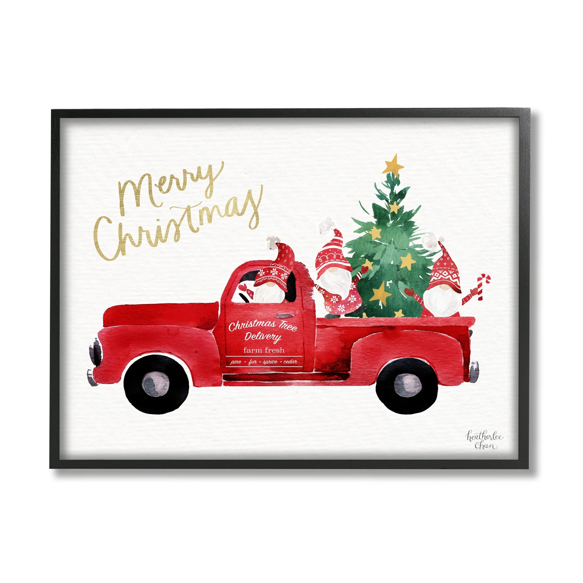 Stupell Industries Merry Christmas Holiday Red Truck Santa Gnomes & Tree Graphic Art Black Framed Art Print Wall Art, Design by Heatherlee Chan