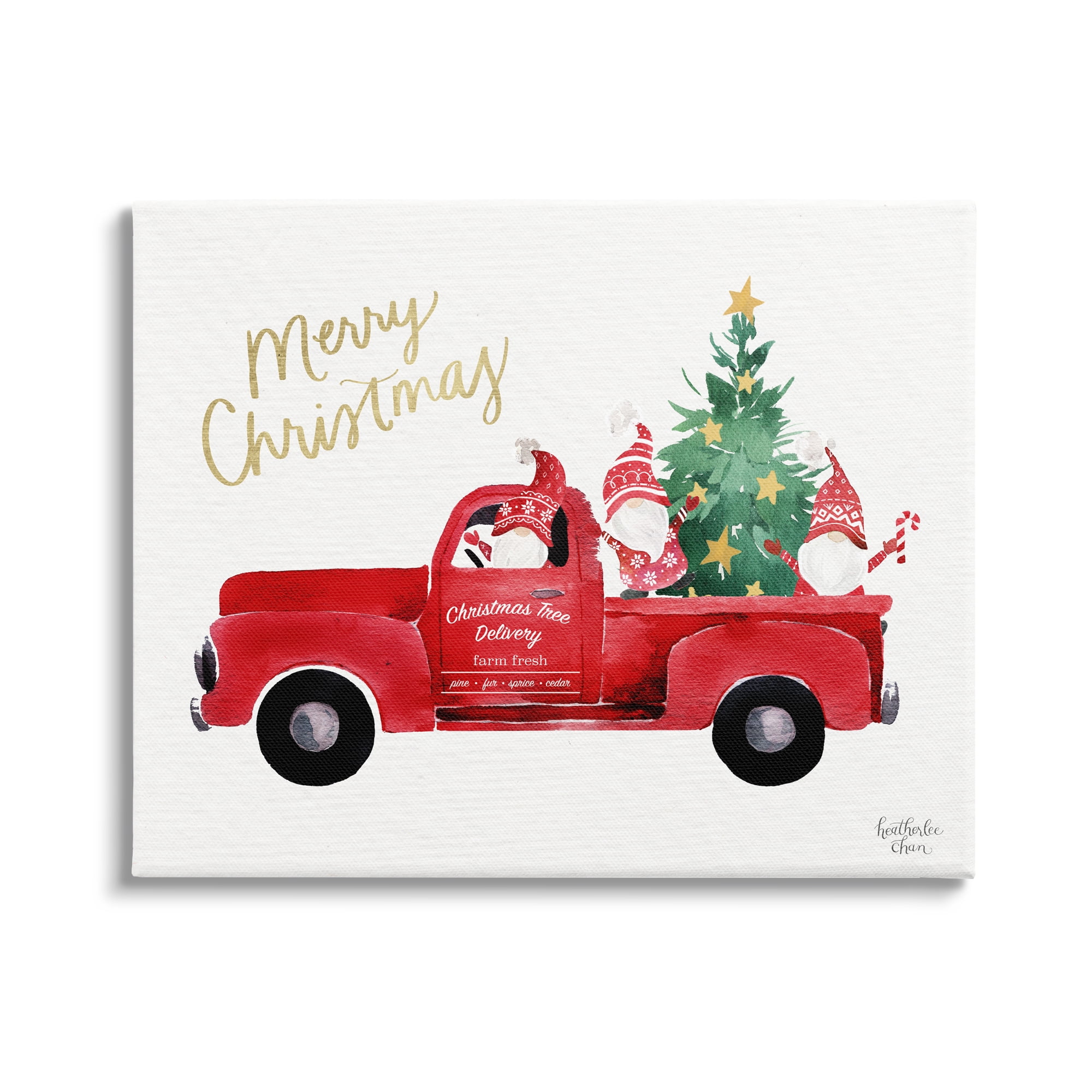 Stupell Industries Merry Christmas Holiday Red Truck Santa Gnomes & Tree Graphic Art Gallery Wrapped Canvas Print Wall Art, Design by Heatherlee Chan