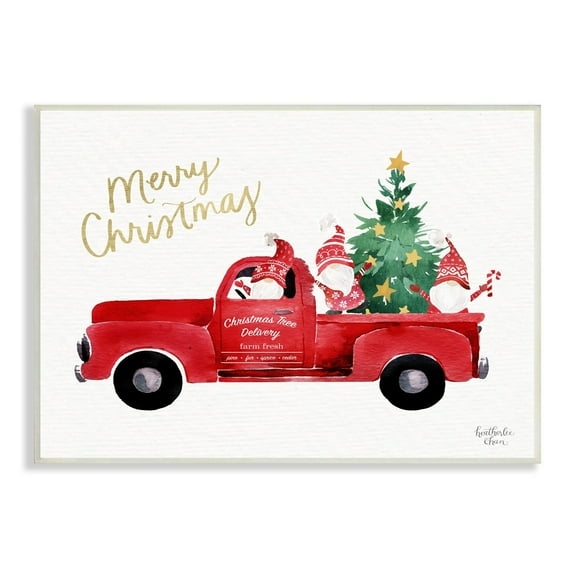 Stupell Industries Merry Christmas Holiday Red Truck Santa Gnomes & Tree Graphic Art Unframed Art Print Wall Art, Design by Heatherlee Chan