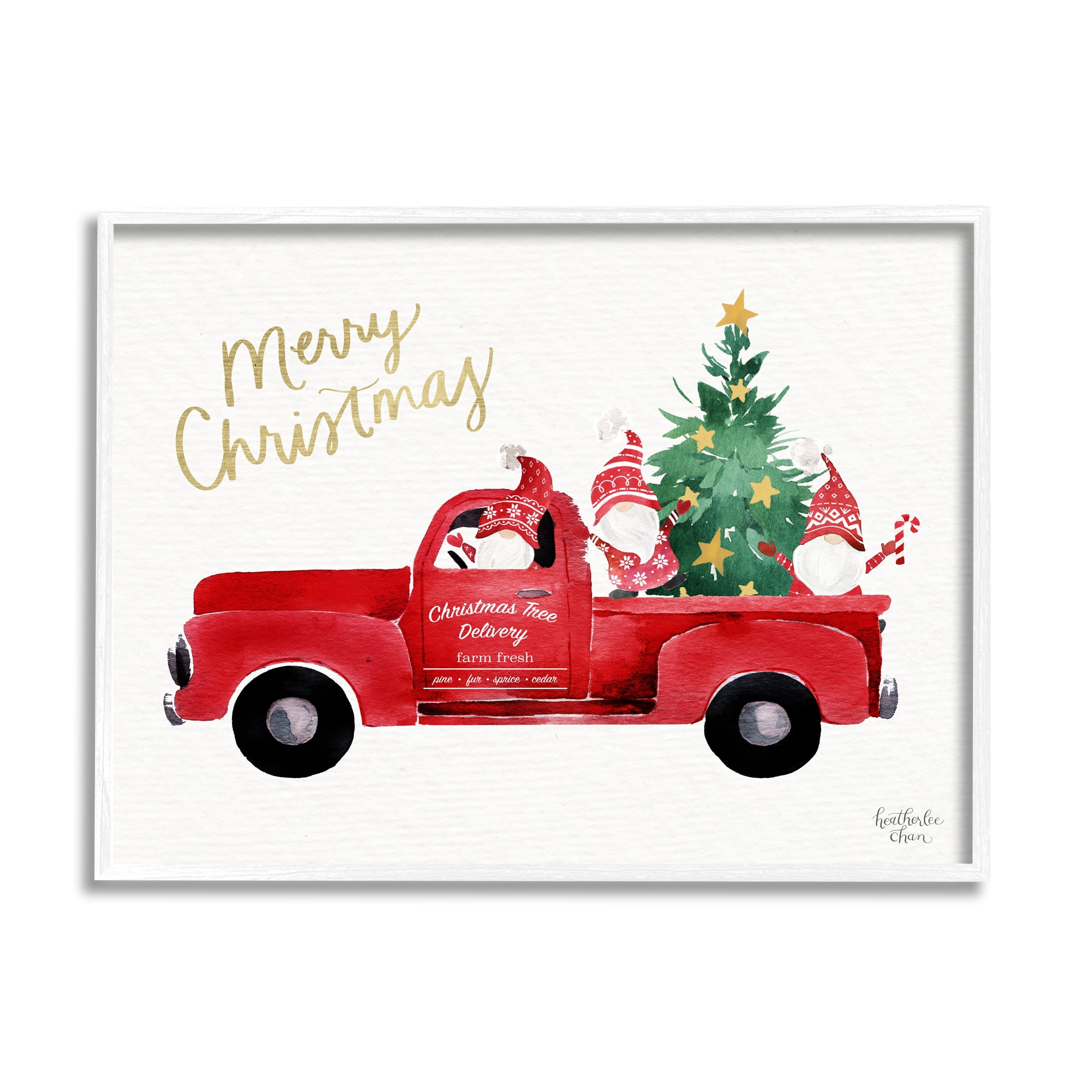Stupell Industries Merry Christmas Holiday Red Truck Santa Gnomes & Tree Graphic Art White Framed Art Print Wall Art, Design by Heatherlee Chan