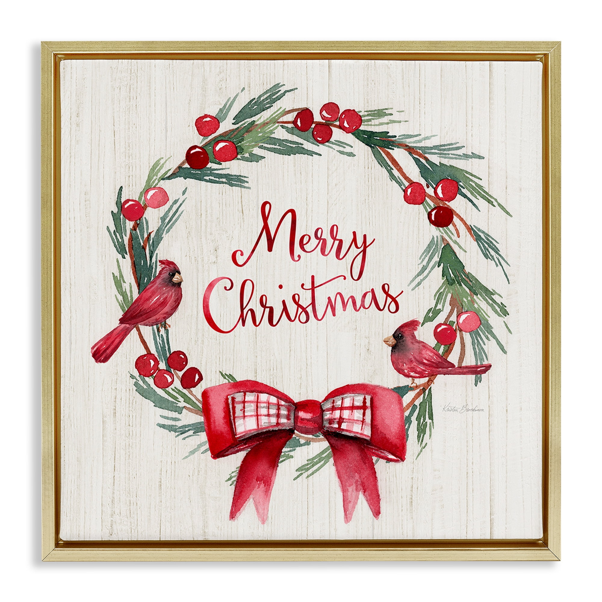Stupell Industries Merry Christmas Holly Wreath Holiday Painting Gold Floater Framed Canvas Art Prints Wall Art, 18 x 18