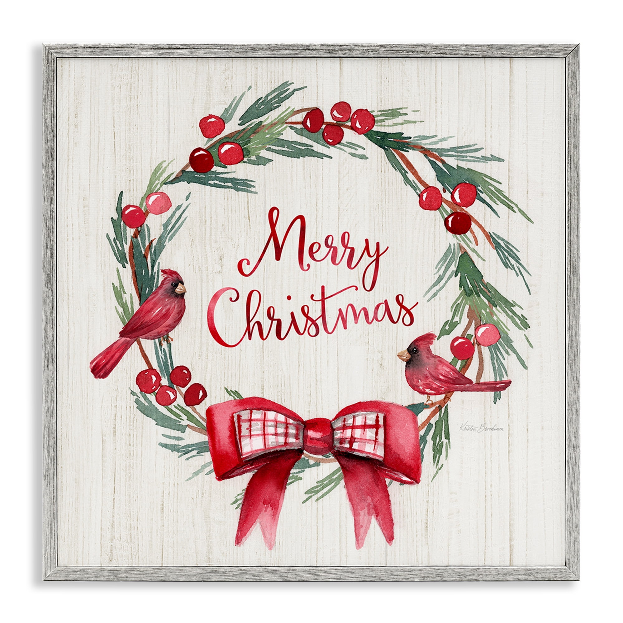 Stupell Industries Merry Christmas Holly Wreath Holiday Painting Gray Framed Art Prints Wall Art, 17 x 17