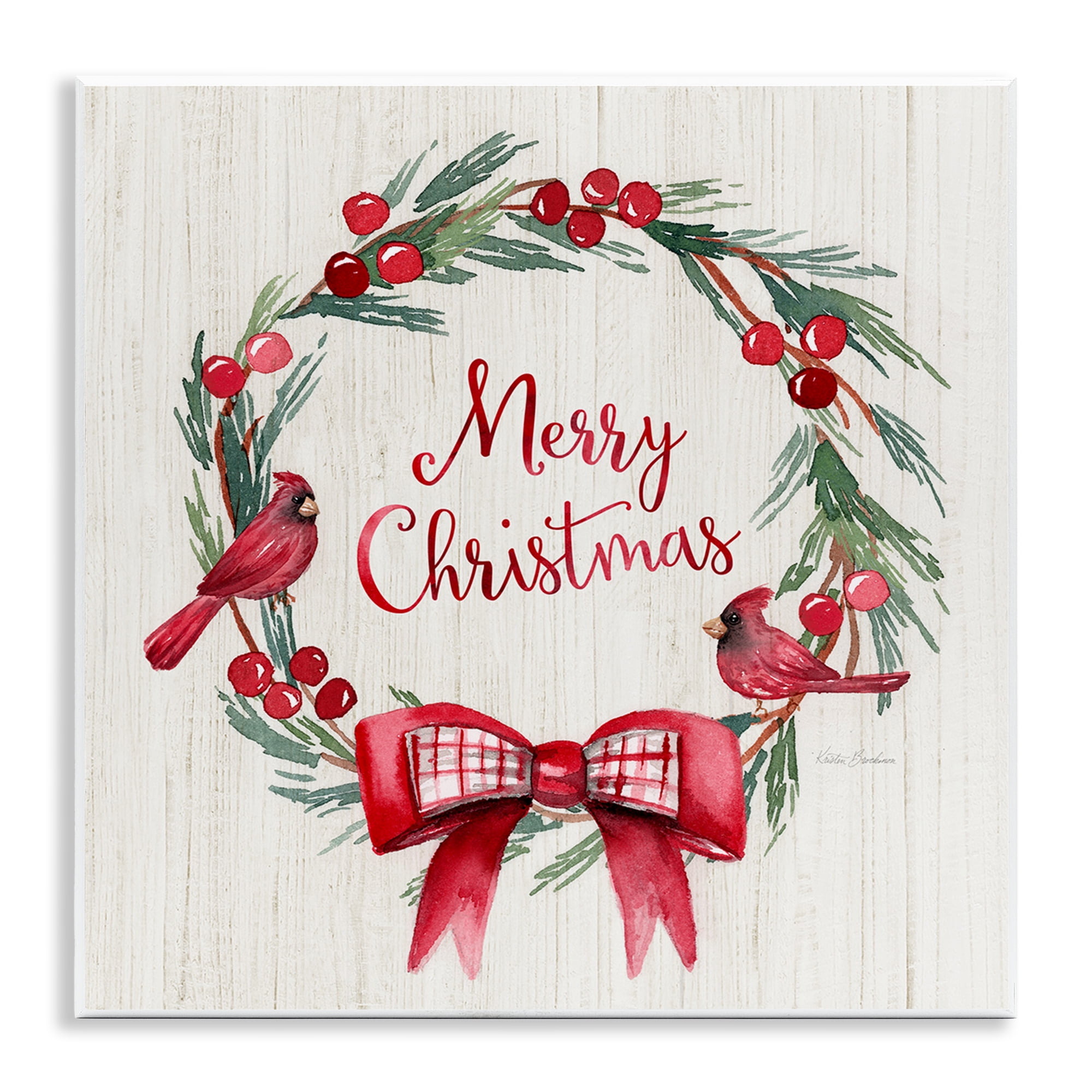 Stupell Industries Merry Christmas Holly Wreath Holiday Painting Unframed Art Prints Wall Art, 12 x 12
