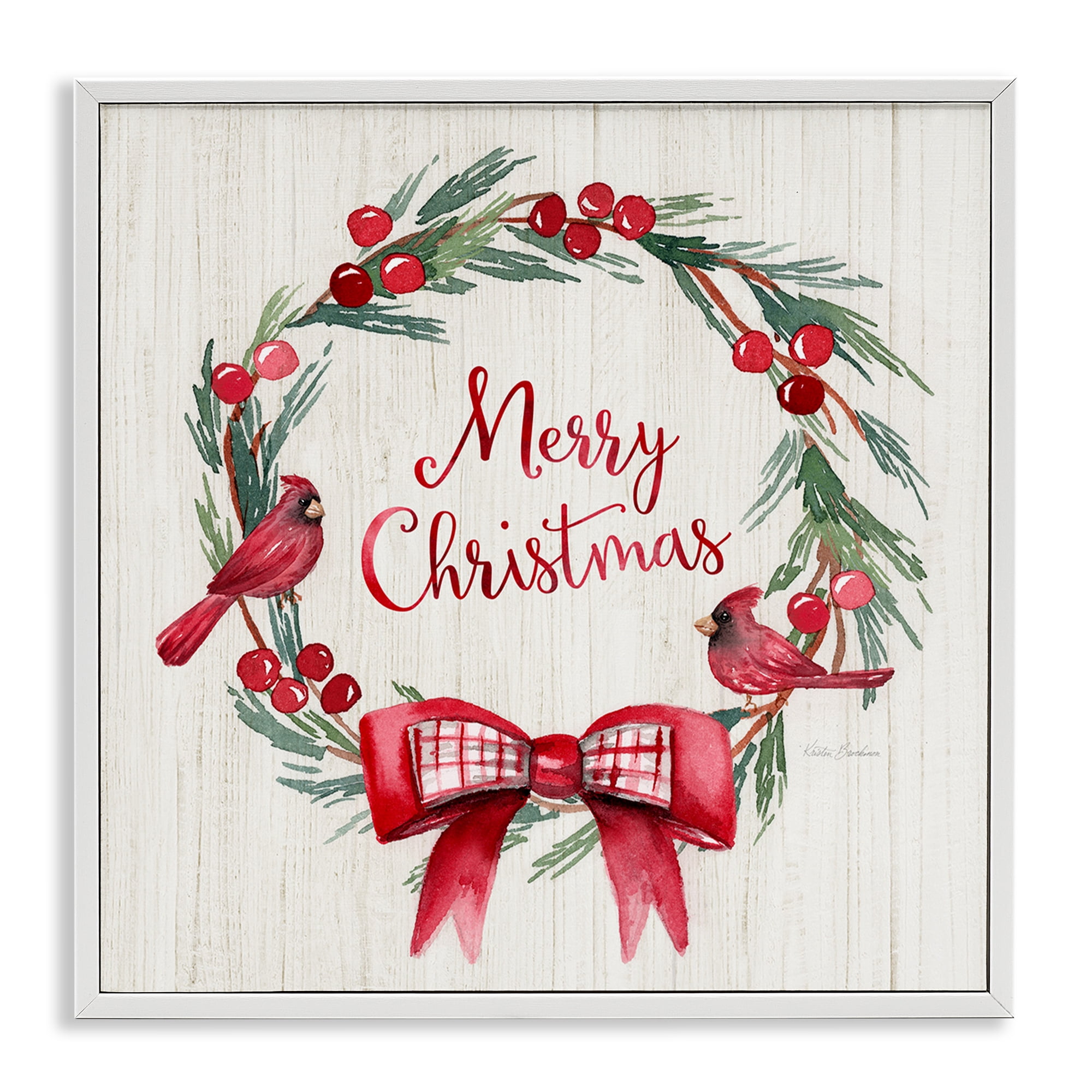 Stupell Industries Merry Christmas Holly Wreath Holiday Painting White Framed Art Prints Wall Art, 17 x 17