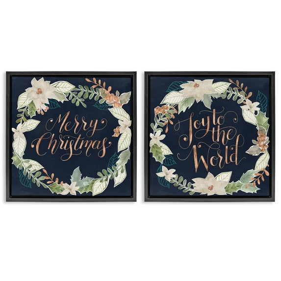 Stupell Industries Merry Christmas Joy Wreath Holiday Painting Black Floater Framed Canvas Art Prints Wall Art, 25 x 25, Set of 2