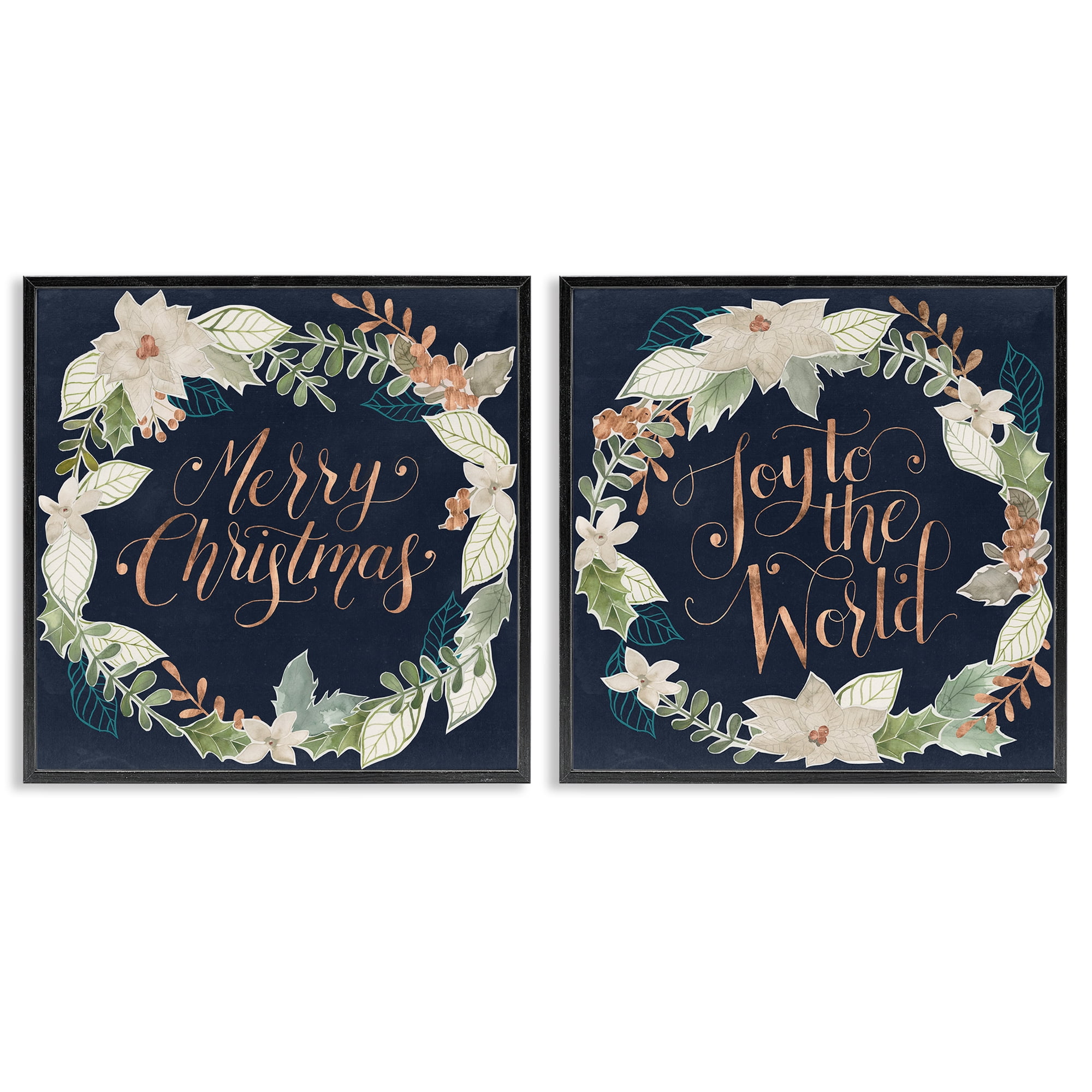 Stupell Industries Merry Christmas Joy Wreath Holiday Painting Black Framed Art Prints Wall Art, 12 x 12, Set of 2