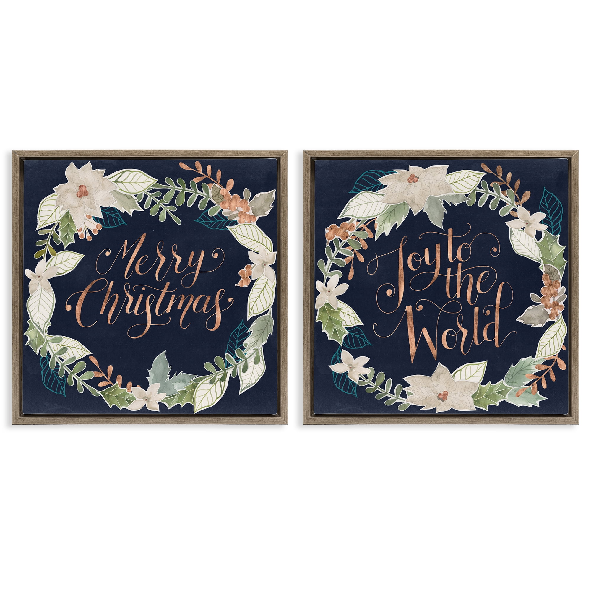 Stupell Industries Merry Christmas Joy Wreath Holiday Painting Brown Floater Framed Canvas Art Prints Wall Art, 25 x 25, Set of 2