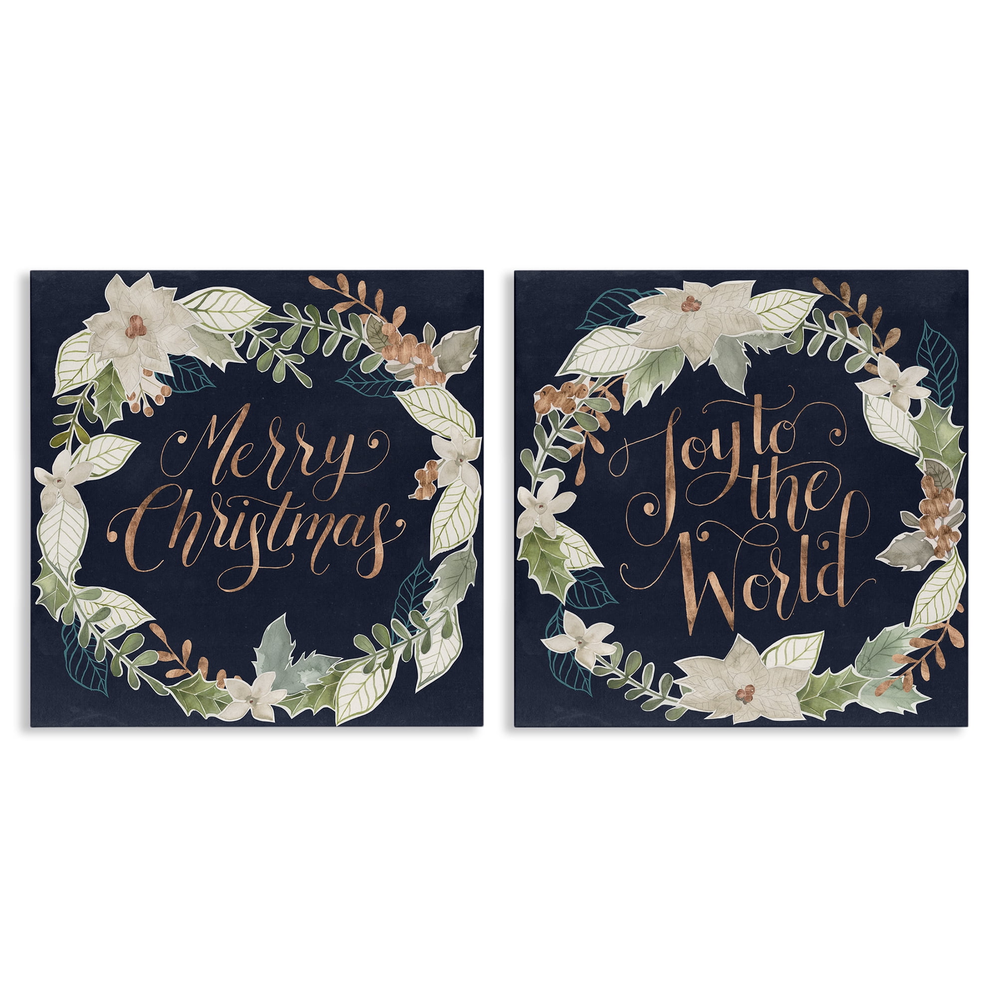 Stupell Industries Merry Christmas Joy Wreath Holiday Painting Gallery Wrapped Canvas Art Prints Wall Art, 17 x 17, Set of 2