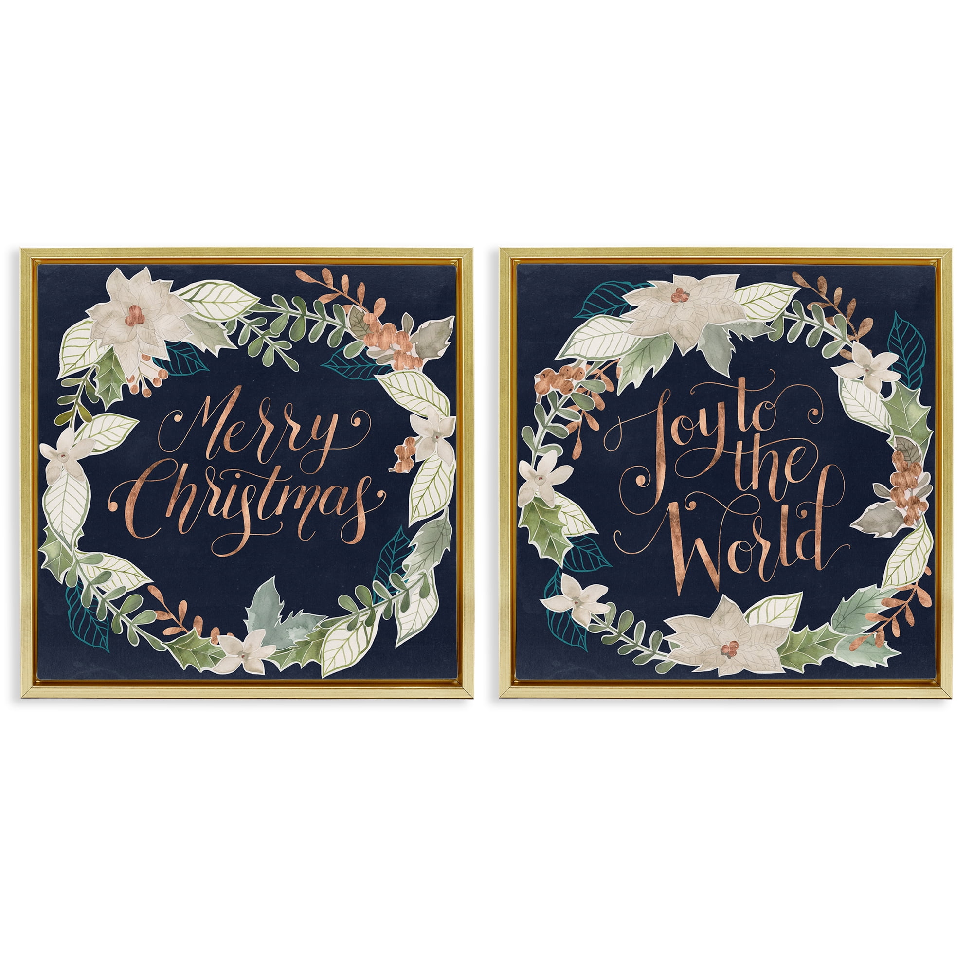 Stupell Industries Merry Christmas Joy Wreath Holiday Painting Gold Floater Framed Canvas Art Prints Wall Art, 18 x 18, Set of 2