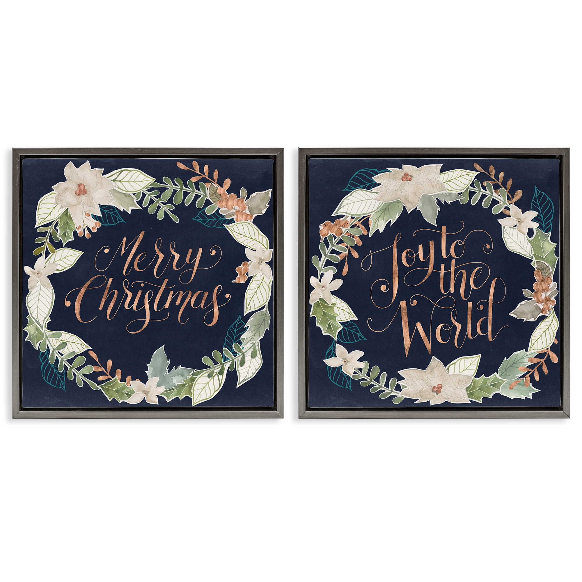Stupell Industries Merry Christmas Joy Wreath Holiday Painting Gray Floater Framed Canvas Art Prints Wall Art, 25 x 25, Set of 2