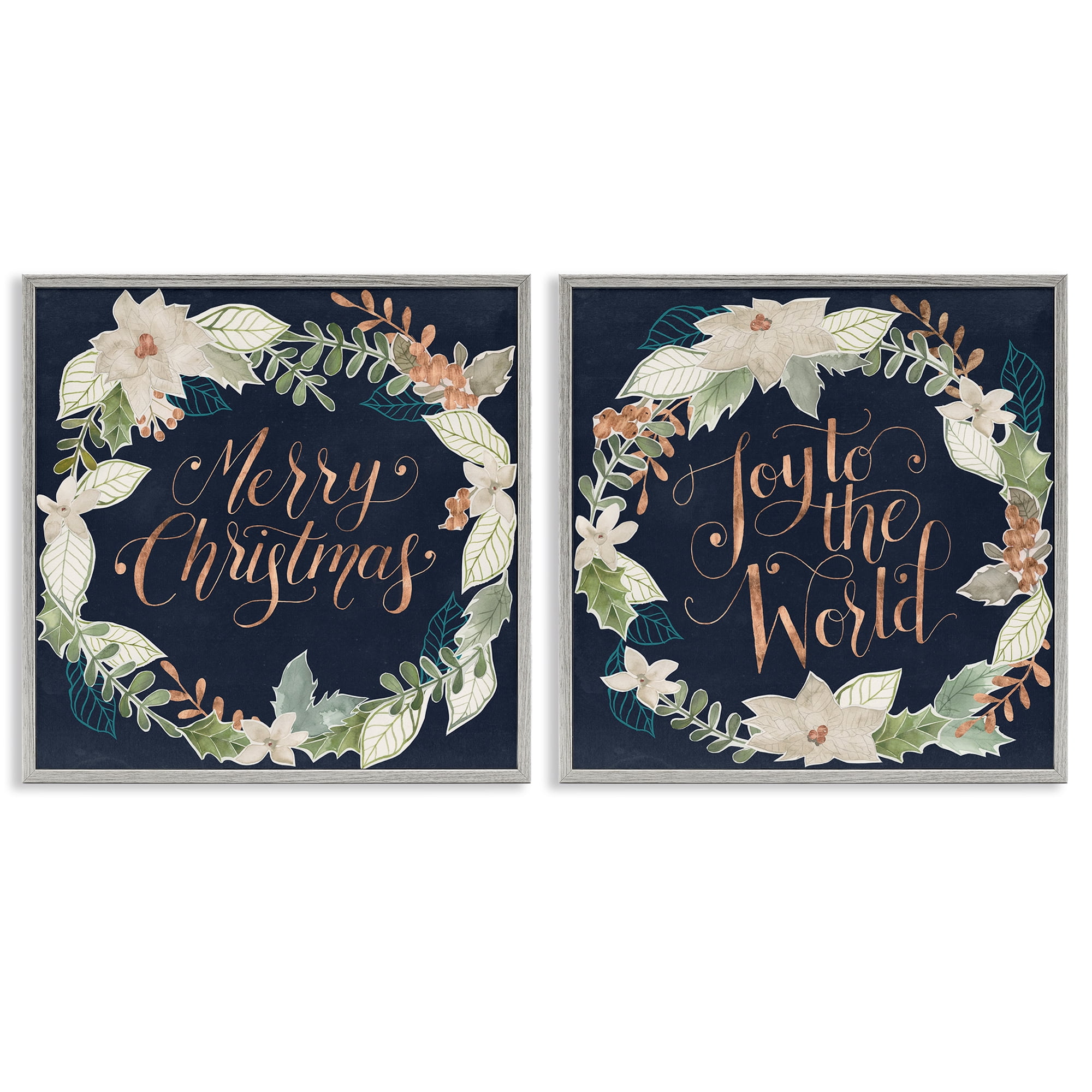 Stupell Industries Merry Christmas Joy Wreath Holiday Painting Gray Framed Art Prints Wall Art, 12 x 12, Set of 2