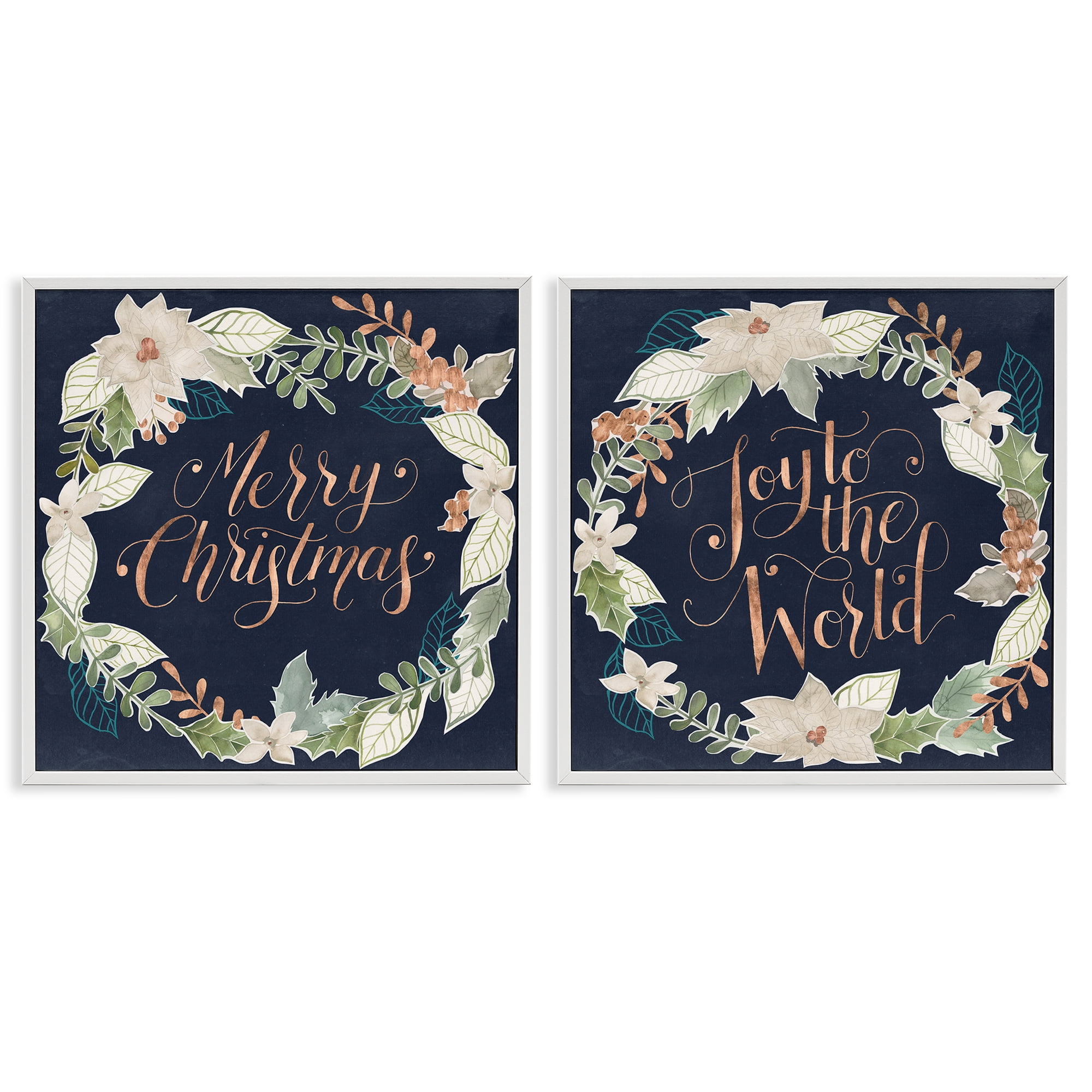 Stupell Industries Merry Christmas Joy Wreath Holiday Painting White Framed Art Prints Wall Art, 17 x 17, Set of 2