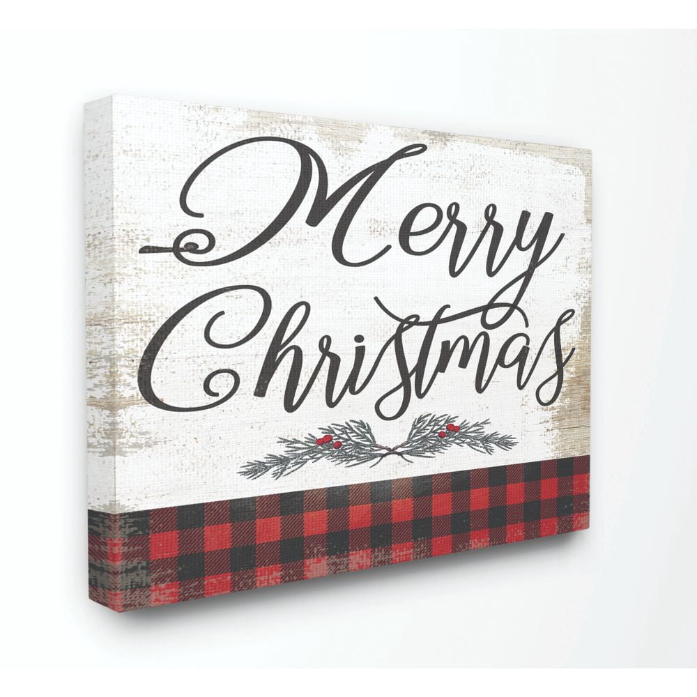 Stupell Industries Merry Christmas Mistletoe Red Plaid Holiday Word DesignCanvas Wall Art By Artist Daphne Polselli