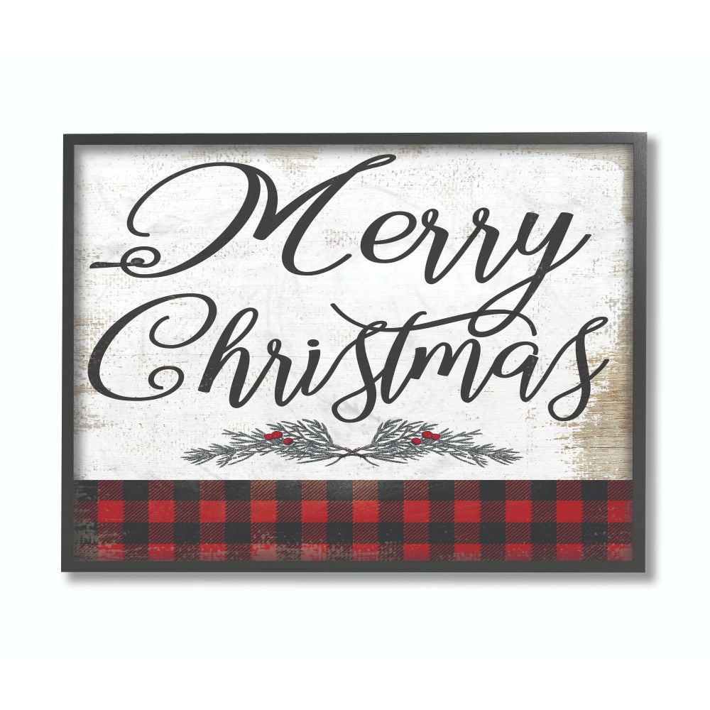Stupell Industries Merry Christmas Mistletoe Red Plaid Holiday Word DesignFramed Wall Art By Artist Daphne Polselli