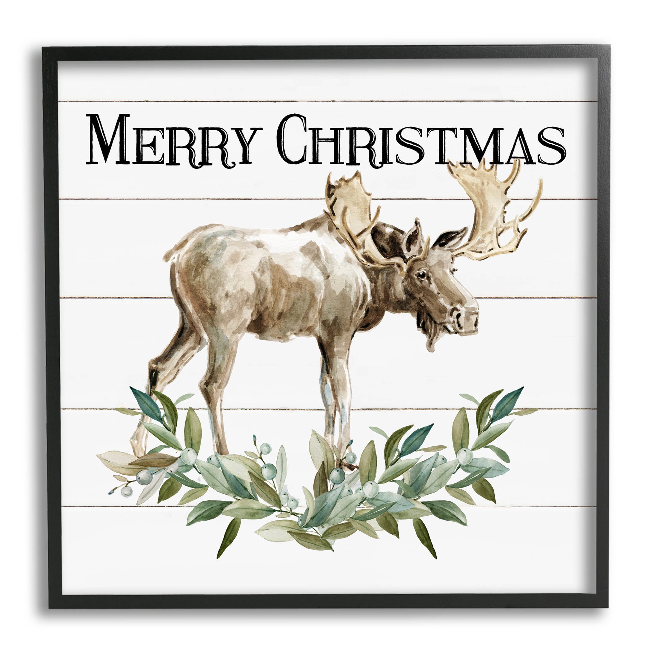 Stupell Industries Merry Christmas Moose Laurel Graphic Art Black Framed Art Print Wall Art, Design by Carol Robinson