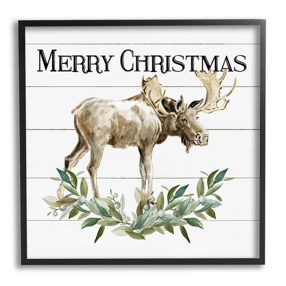 Stupell Industries Merry Christmas Moose Laurel Graphic Art Black Framed Art Print Wall Art, Design by Carol Robinson