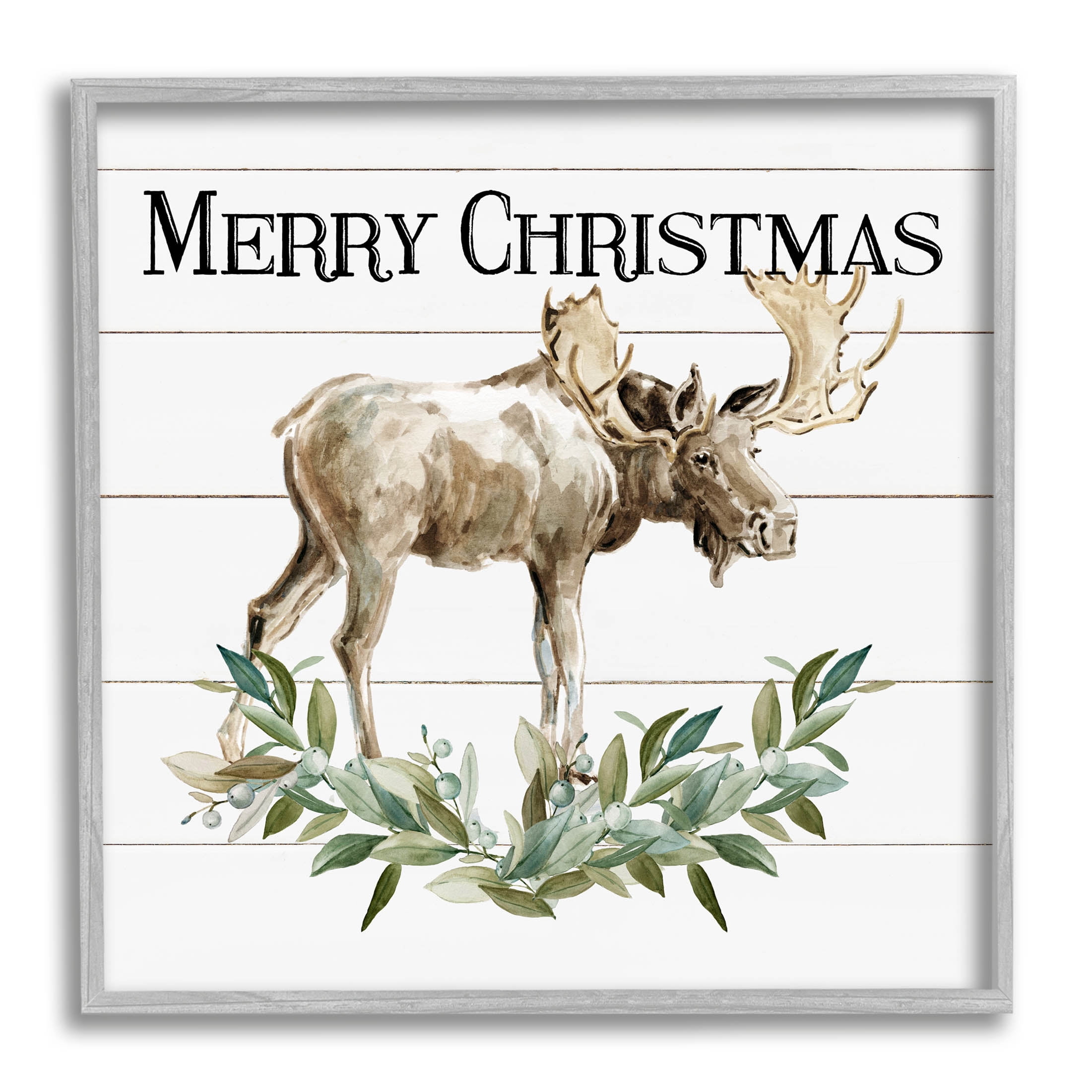 Stupell Industries Merry Christmas Moose Laurel Graphic Art Gray Framed Art Print Wall Art, Design by Carol Robinson