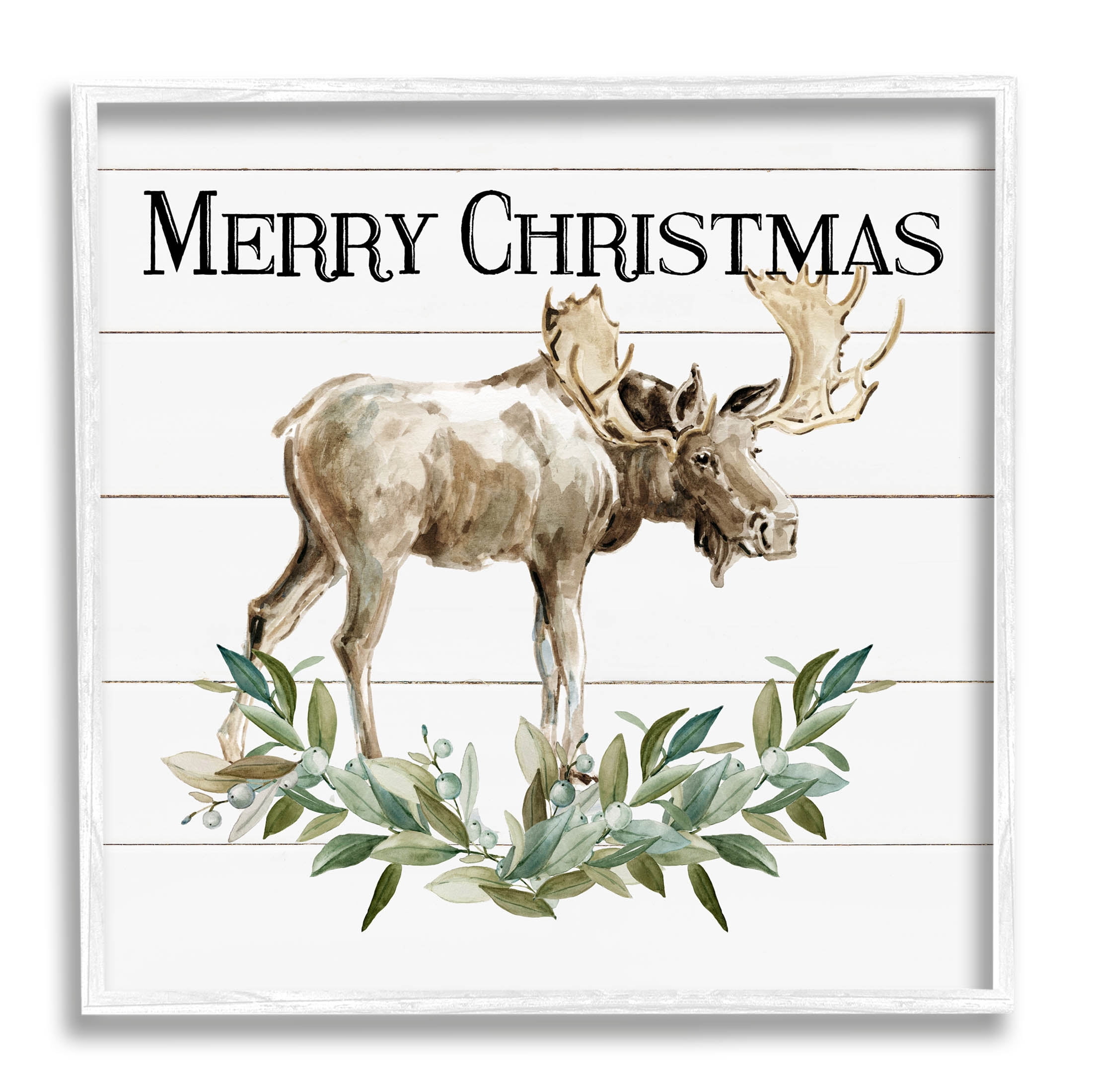 Stupell Industries Merry Christmas Moose Laurel Graphic Art White Framed Art Print Wall Art, Design by Carol Robinson