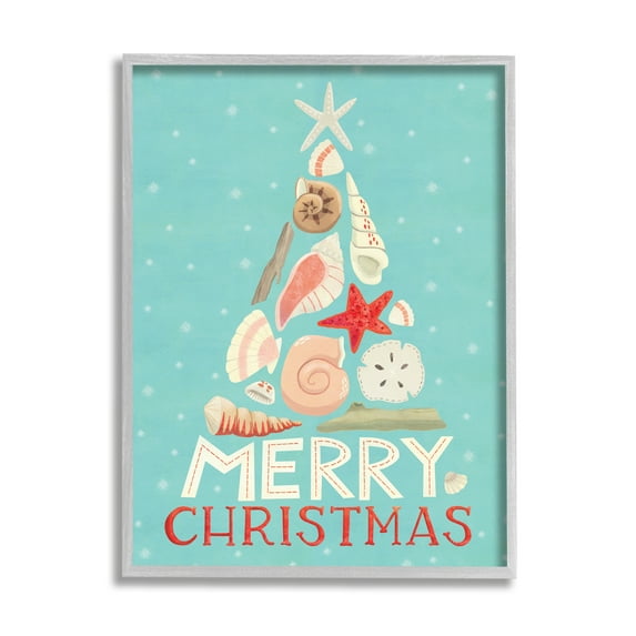 Stupell Industries Merry Christmas Nautical Holiday Tree Beach Polka Dots Nature Painting Gray Framed Art Print Wall Art, 24 x 30