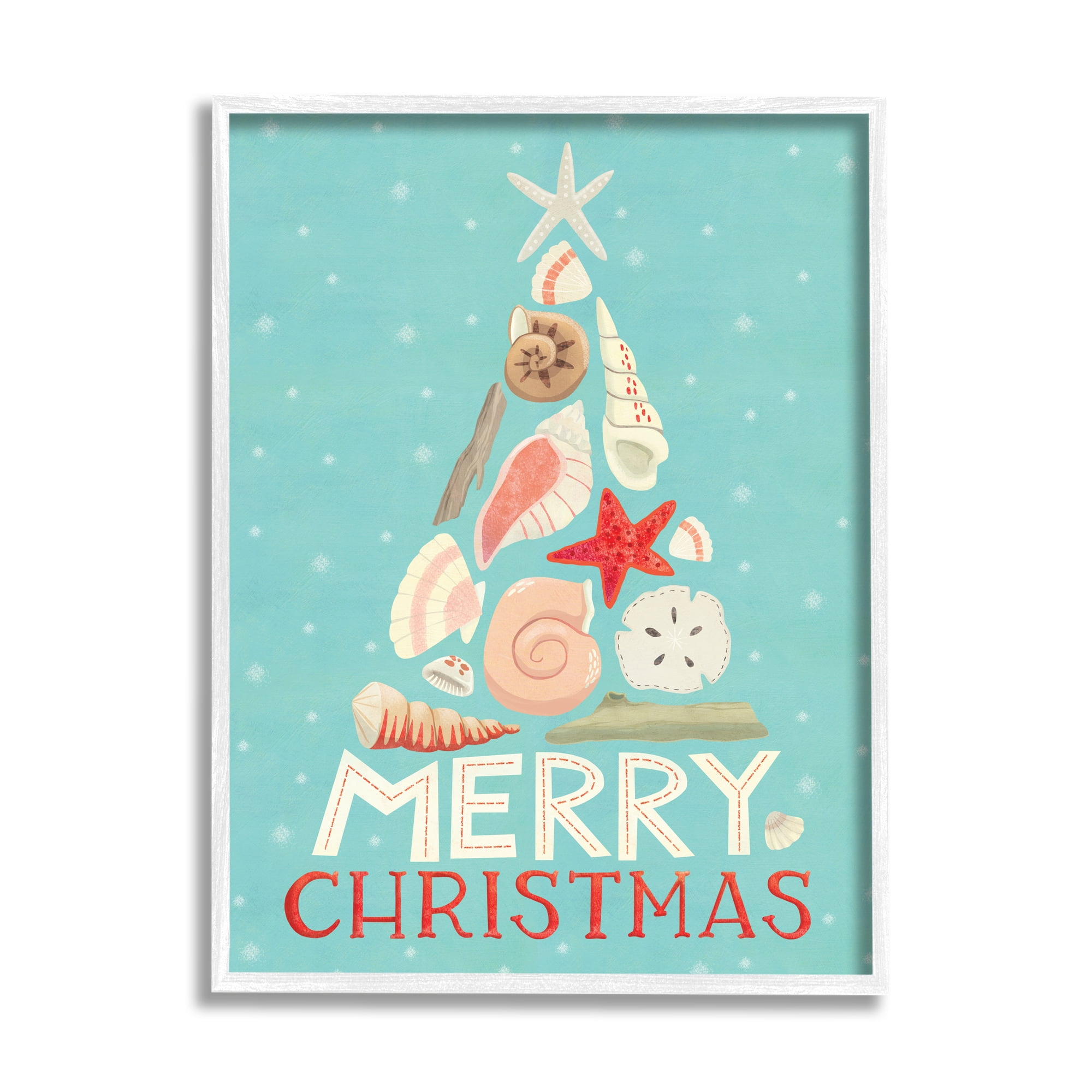 Stupell Industries Merry Christmas Nautical Holiday Tree Beach Polka Dots Nature Painting White Framed Art Print Wall Art, 11 x 14